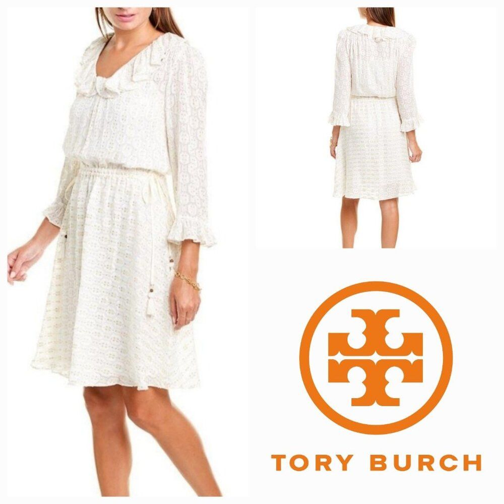 Tory Burch NWT Tory Burch Jasmine Ivory Gold Dress Tie Waist 12 Large Size XL / US 12-14 / IT 48-50 - 1 Thumbnail