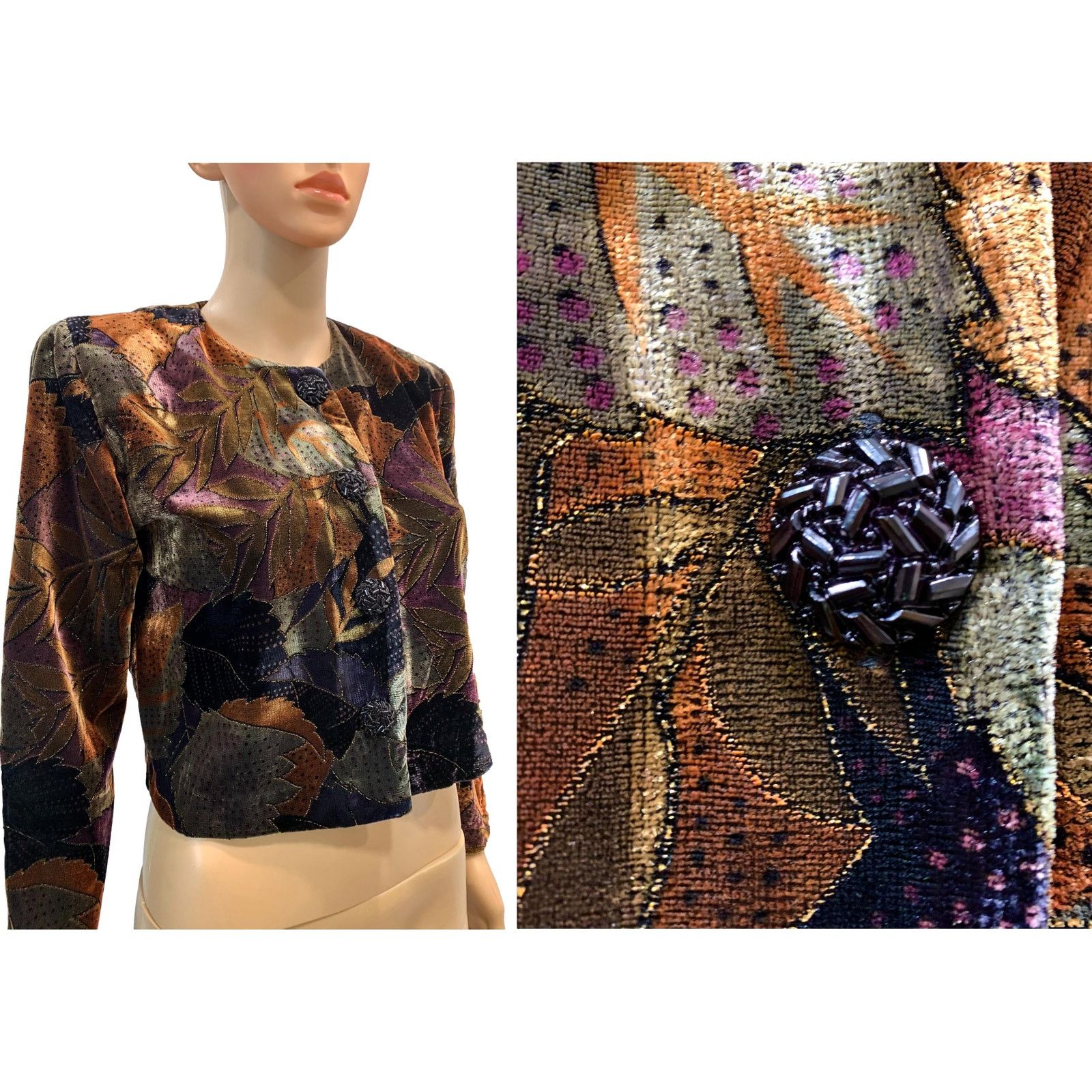 Vintage 80s Cropped Painted Velvet Jacket | Metallic Brown Purple Size S / US 4 / IT 40 - 1 Thumbnail