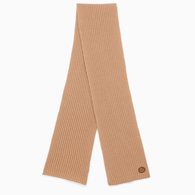 image of Gucci Camel-Coloured Cashmere Scarf With Logo in Brown, Women's