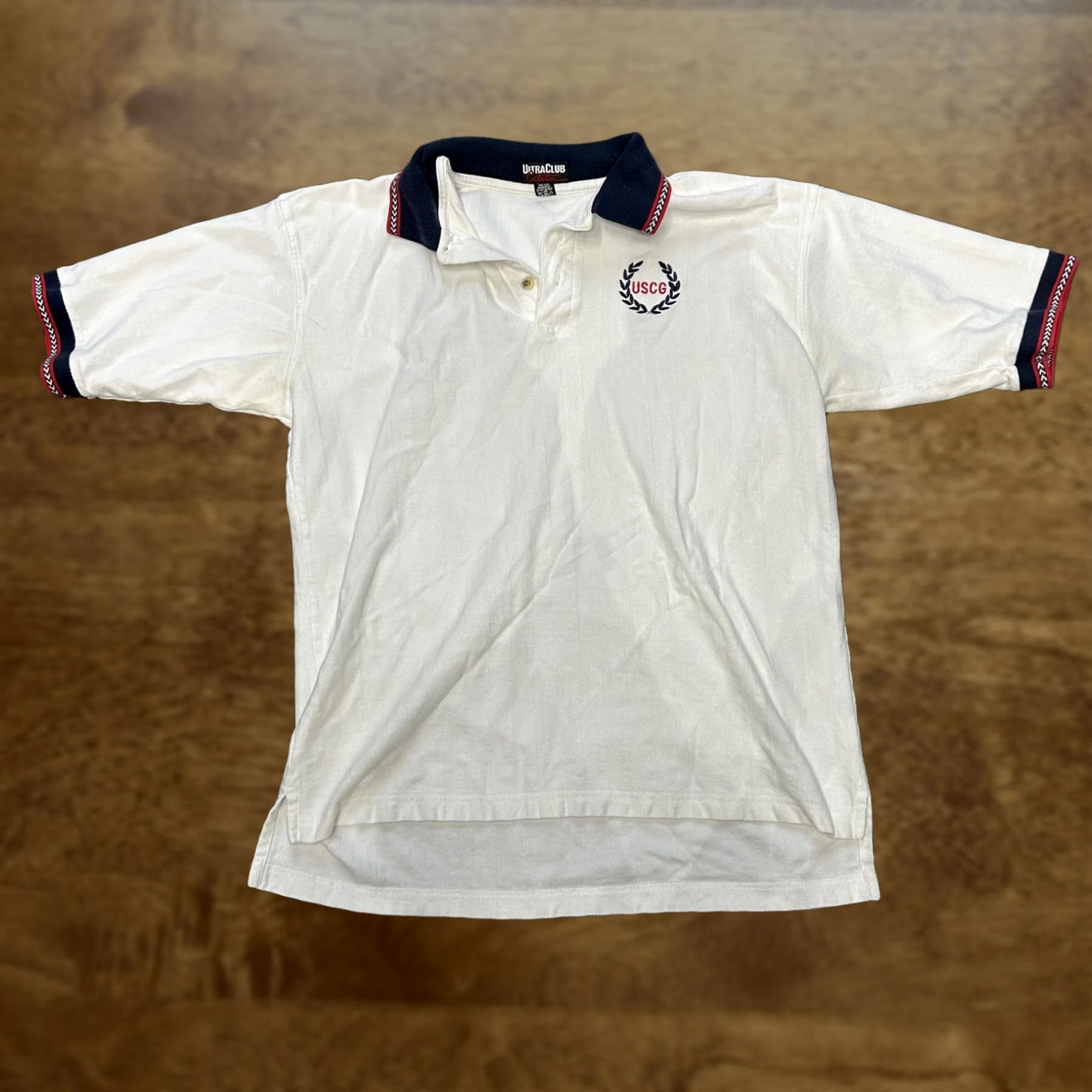 Vintage UltraClub Polo Shirt Mens XL White USCG Navy Trim Herringbone Cotton Casual Size US XL / EU 56 / 4 - 1 Thumbnail