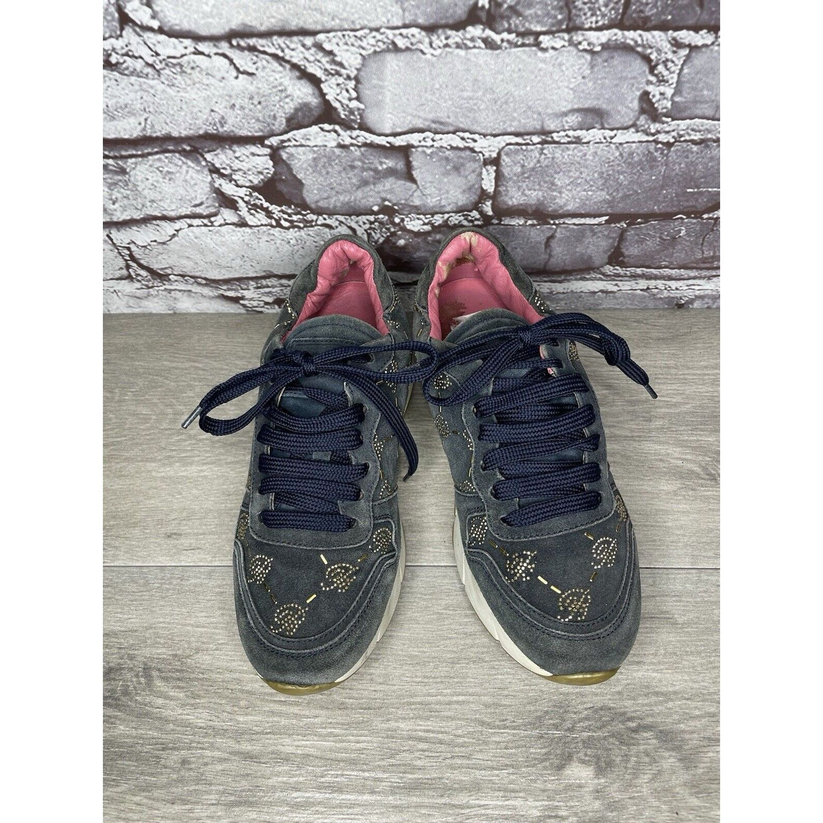 Blumarine Blumarine Blue Suede Gold Embellished Lace Up Sneakers Women Size US 6 / IT 36 - 19 Thumbnail
