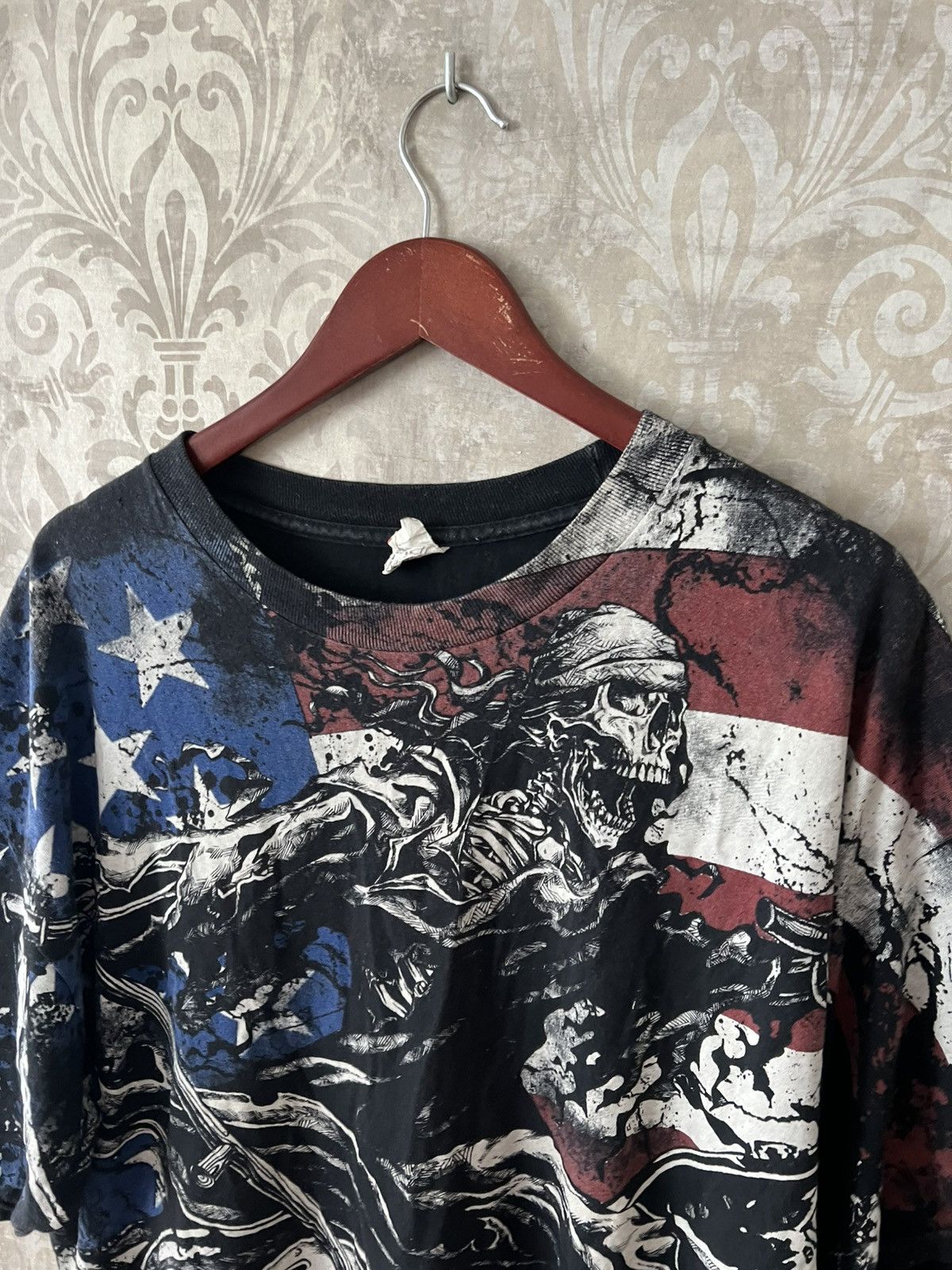 Vintage Vintage 90s AOP Biker Tee Skull Motorcycle USA Flag Alstyle Size US XXL / EU 58 / 5 - 7 Thumbnail