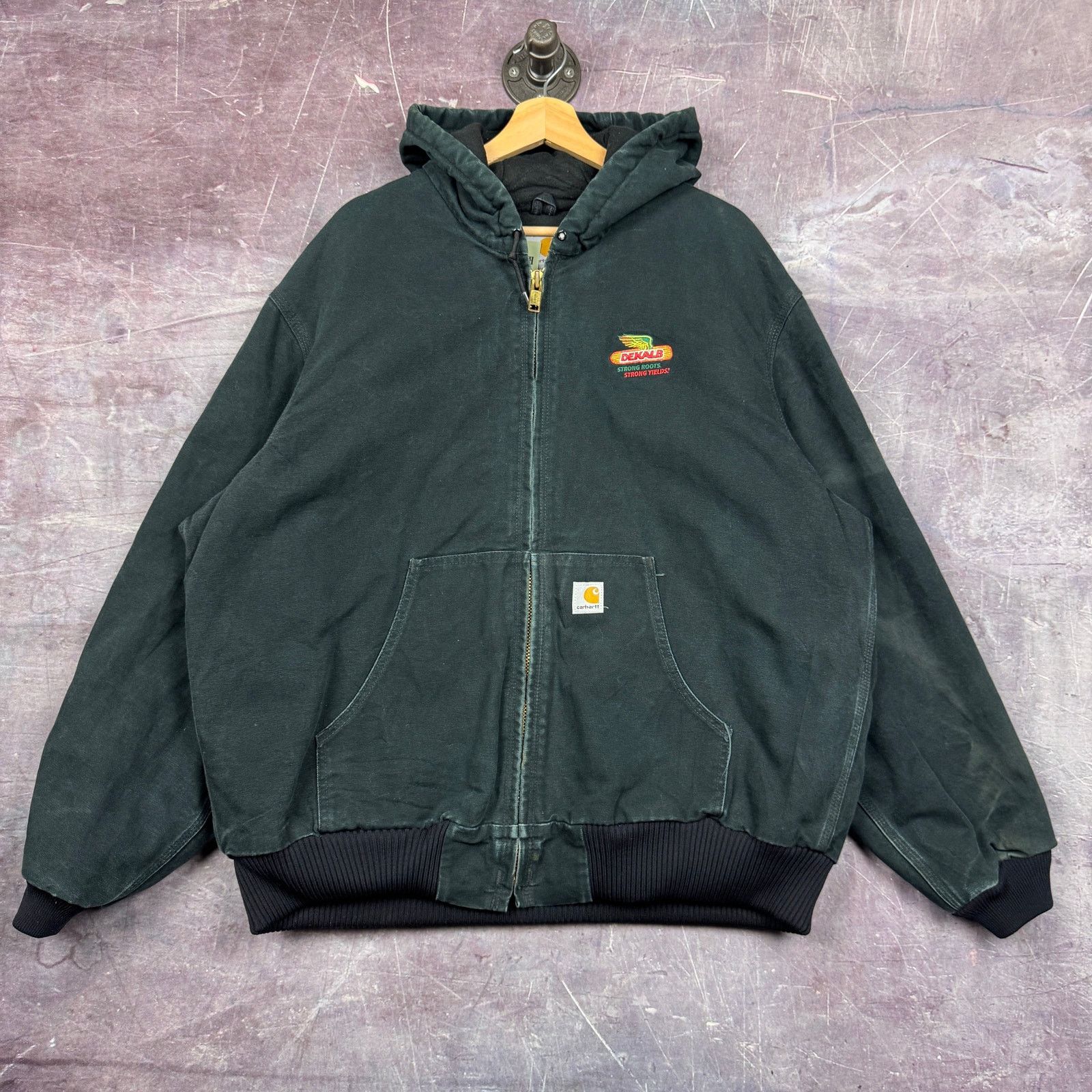 90s Black Carhartt Dekalb Embroidered Hooded Jacket XL 2379