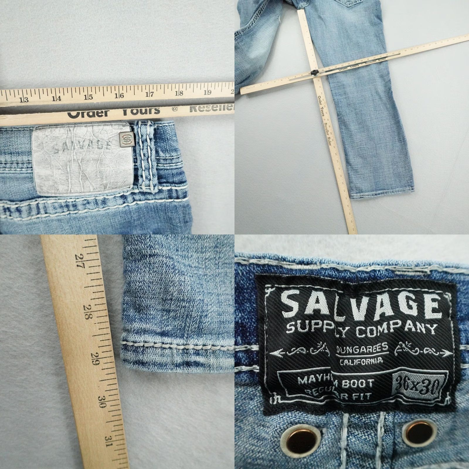 Vintage Salvage Supply Co Jeans Mens 36x30 Blue Denim Mayhem Bootcut Distressed Buckle Size US 36 / EU 52 - 8 Thumbnail