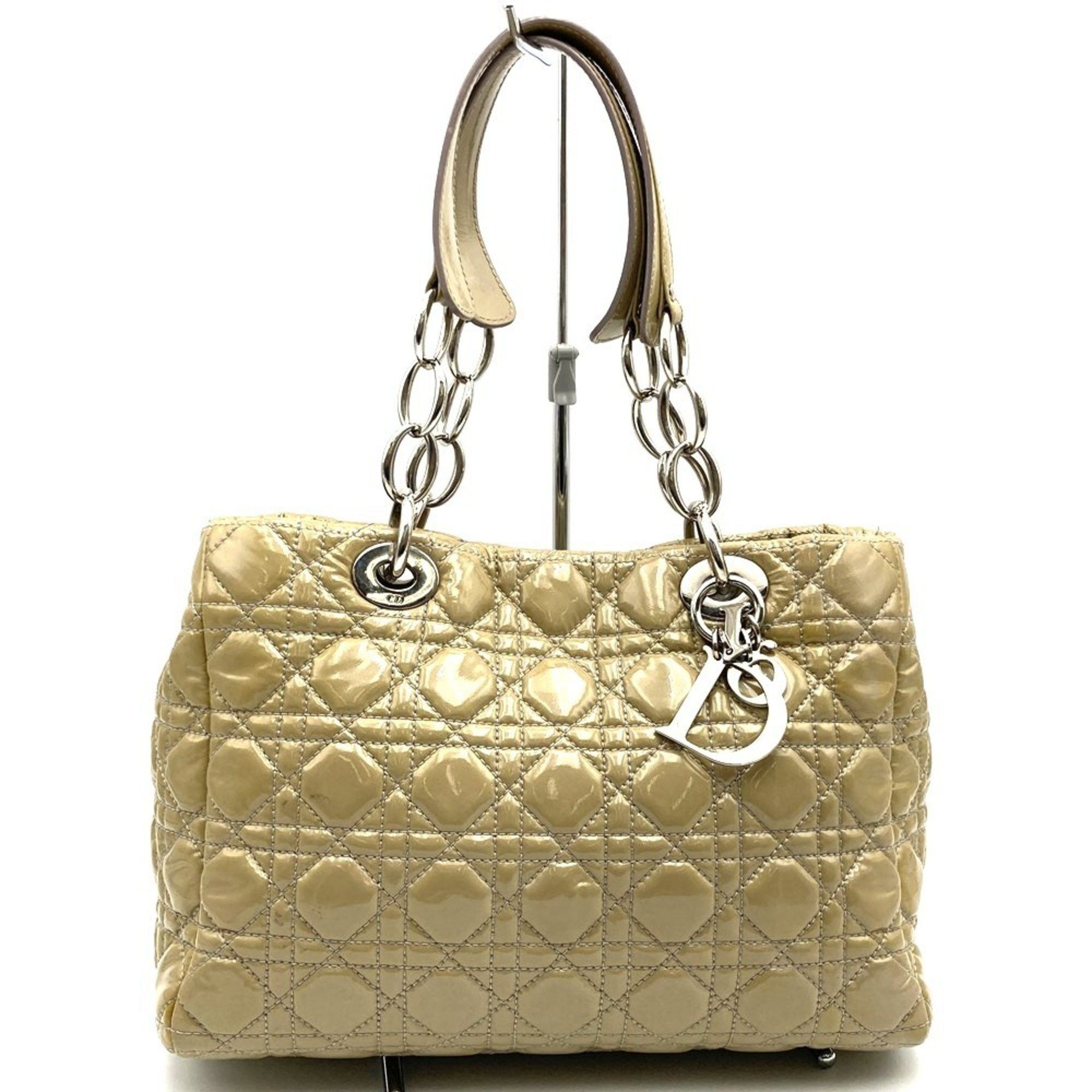 Dior Tote Bag Shoulder Beige Patent Leather Cannage Stitch Women's