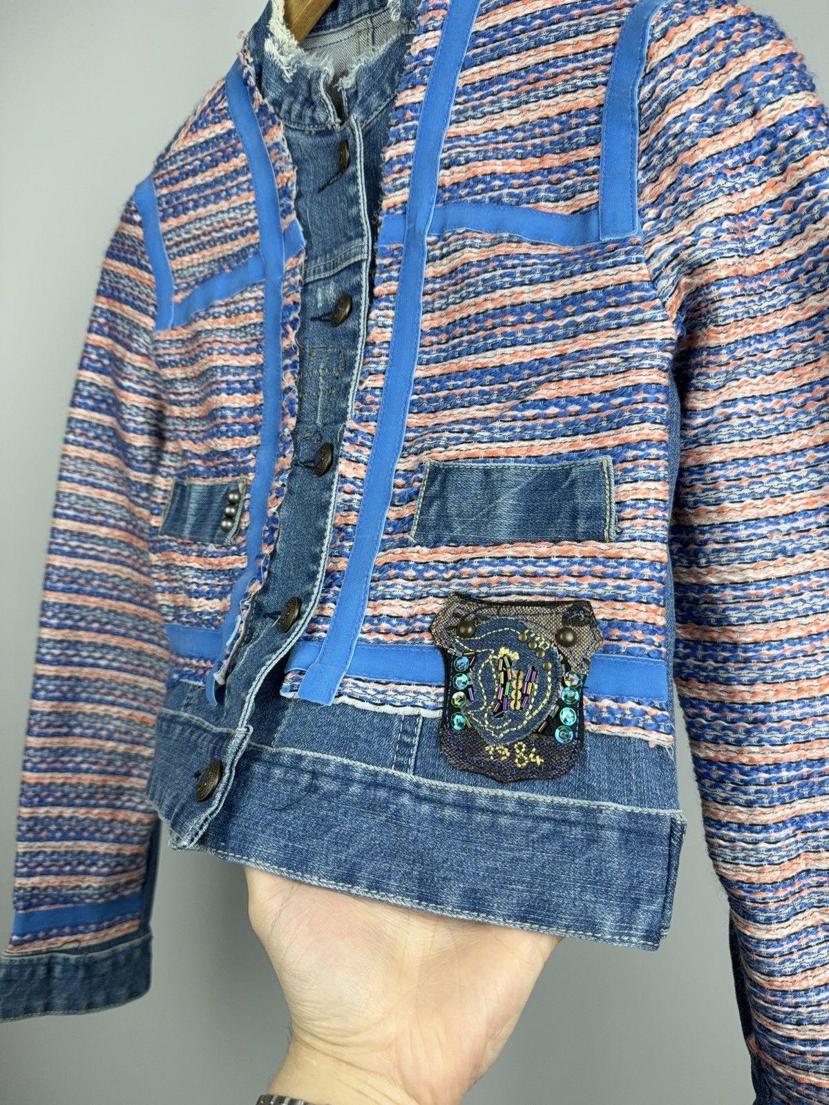 Desigual 00s Retro Desigual Patchwork Denim Cropped Jacket Y2K Size S / US 4 / IT 40 - 3 Thumbnail