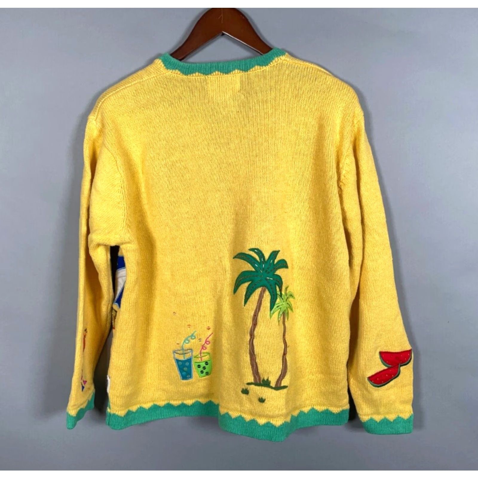 Quacker Factory Quacker Factory Beach Motif Cardigan Women's Large Yellow Chunky Knit Tropical Size L / US 10 / IT 46 - 2 Thumbnail