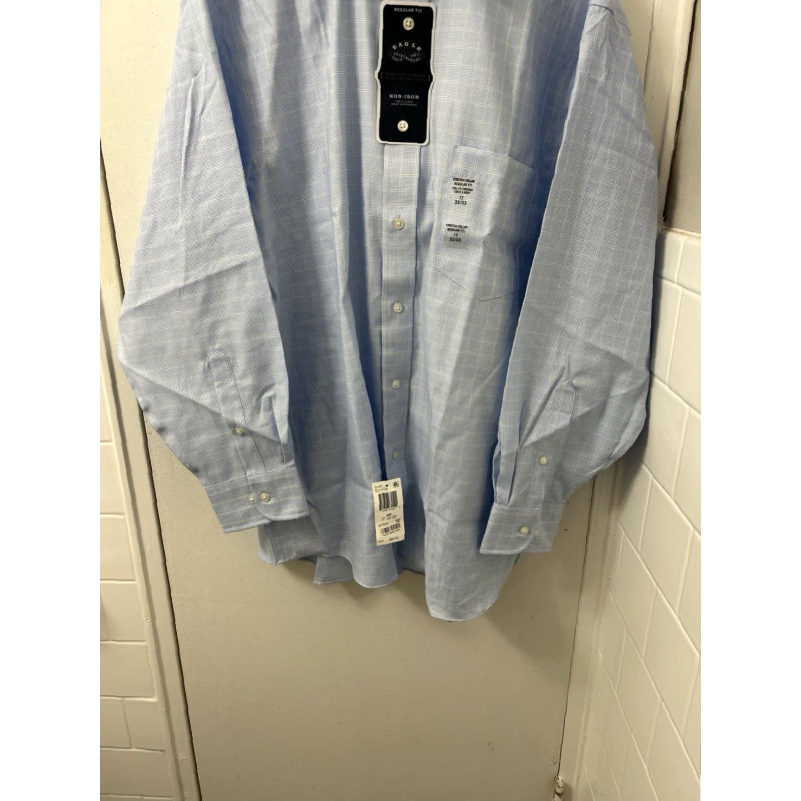 Vintage Eagle Shirtmakers Dress Shirt Men 17 Blue Plaid Stretch Regular Fit NWT 0 MSRP Size 46R - 3 Thumbnail
