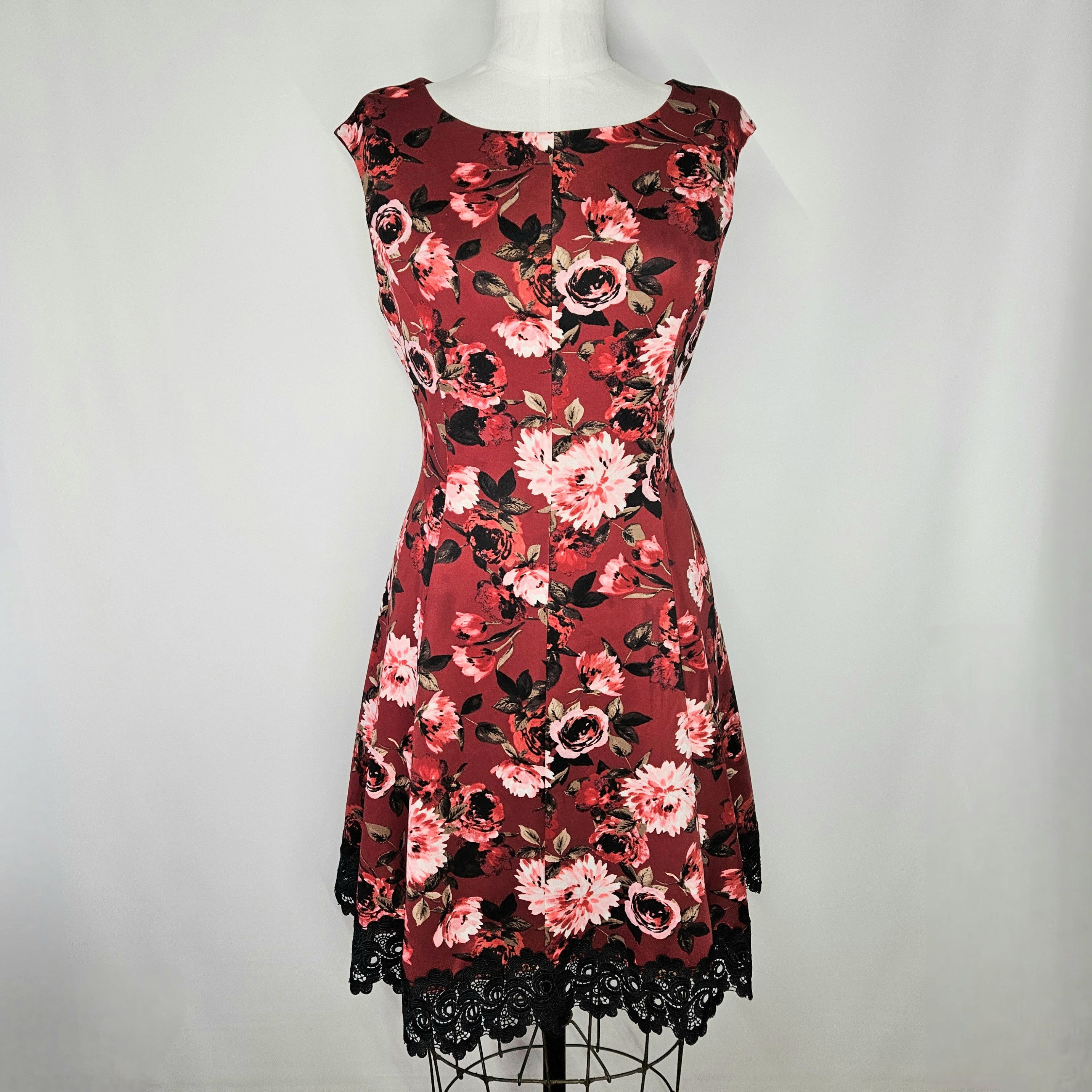 Other Roz & Ali Size 12 Dress Fit Flare Burgundy Floral Black Size L / US 10 / IT 46 - 1 Thumbnail