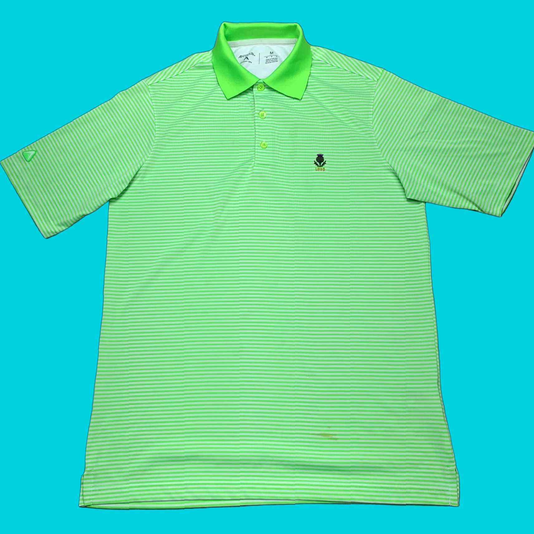 Vintage Antigua Polo Shirt Mens M Striped Neon Green Short Sleeve Button Collar Golf 90s? Size US M / EU 48-50 / 2 - 1 Thumbnail