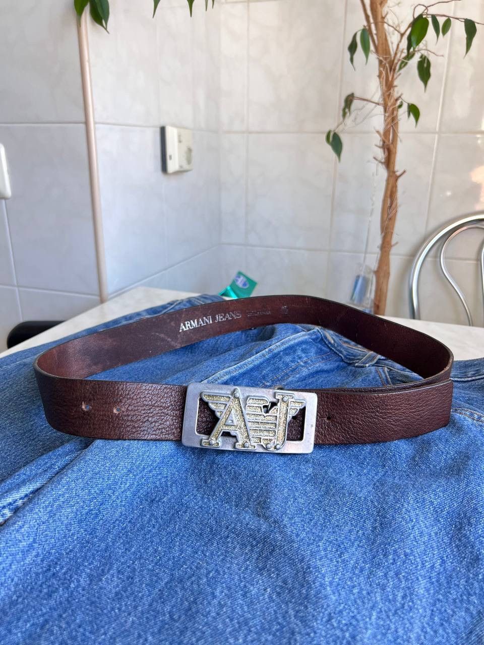Armani Rare metal Buckle Armani Jeans leather belt 90s rare Italy Size ONE SIZE - 4 Thumbnail