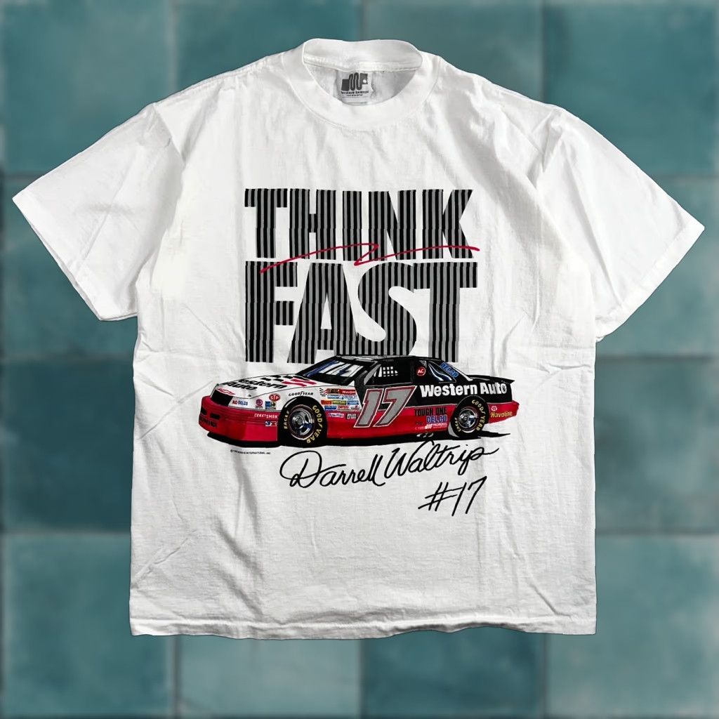 NASCAR VINTAGE Darrel Waltrip 1993 Morris Design Nascar Think Fast 90s Racing White T-Shirt XL Mens Size US XL / EU 56 / 4 - 1 Thumbnail