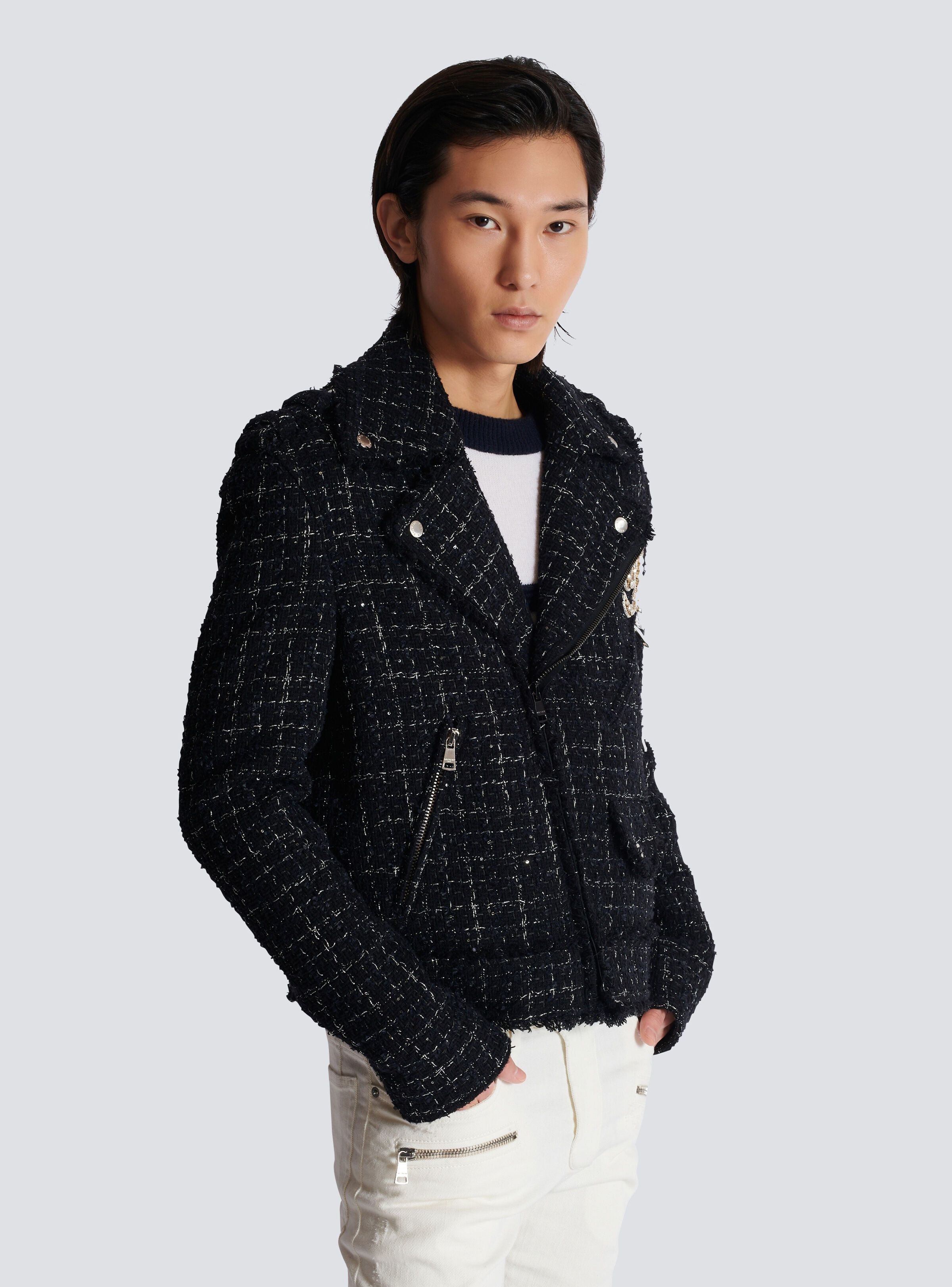 Balmain o1s1wg111025 Checked Tweed Biker Jacket in Black Size US L / EU 52-54 / 3 - 3 Thumbnail