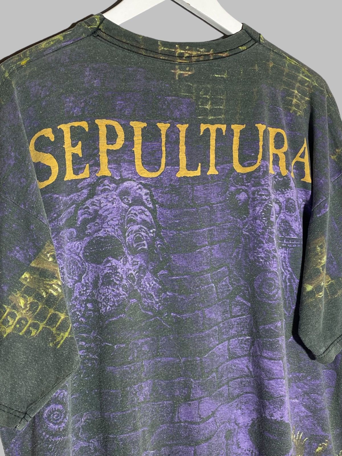 Band Tees Vintage 90s Sepultura All Over Print Blue Grape Tag T-shirt Size US XL / EU 56 / 4 - 13 Thumbnail