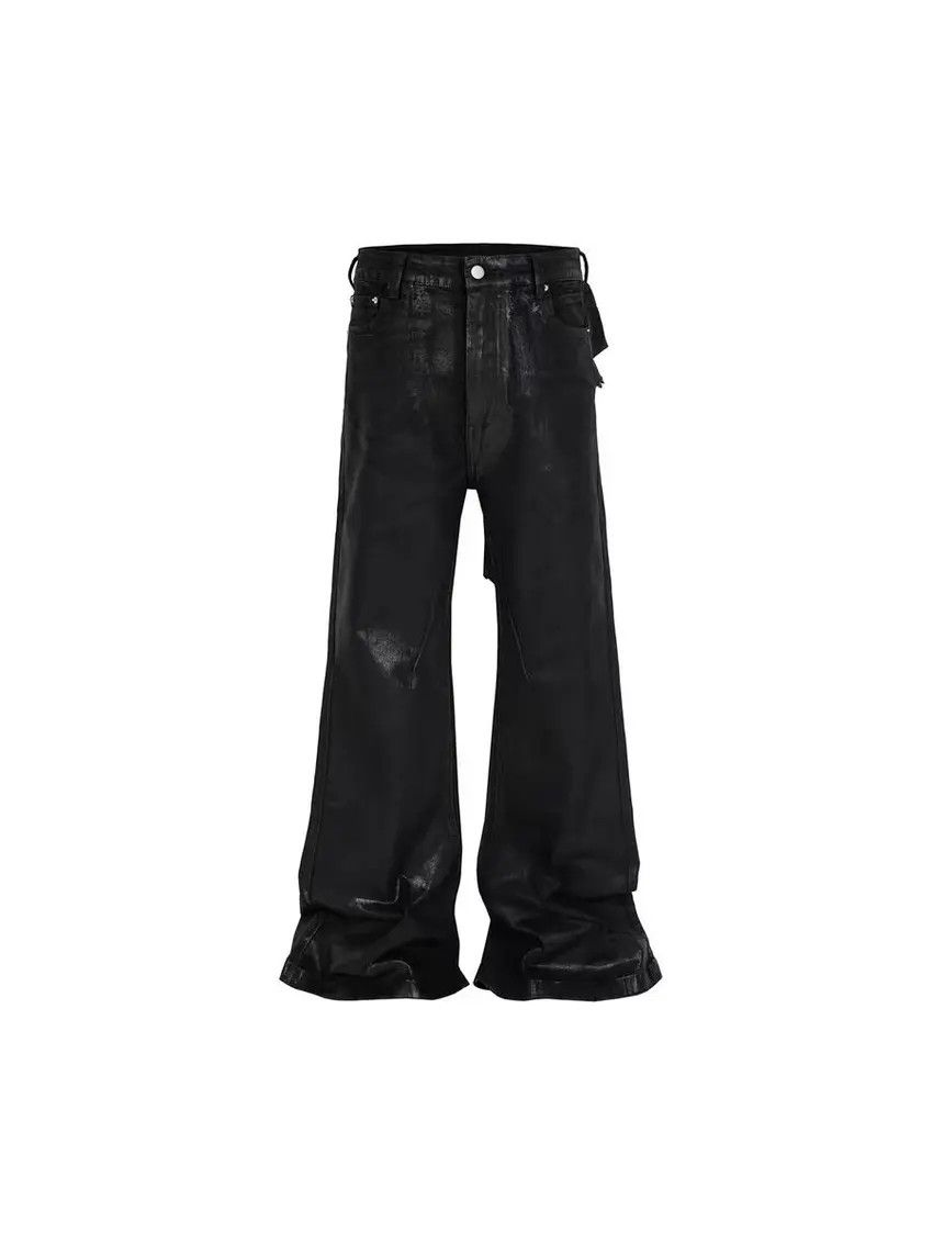 Designer × Japanese Brand Coated Brushed Waxed Wide Leg Denim Trousers Black Size US 33 - 4 Thumbnail