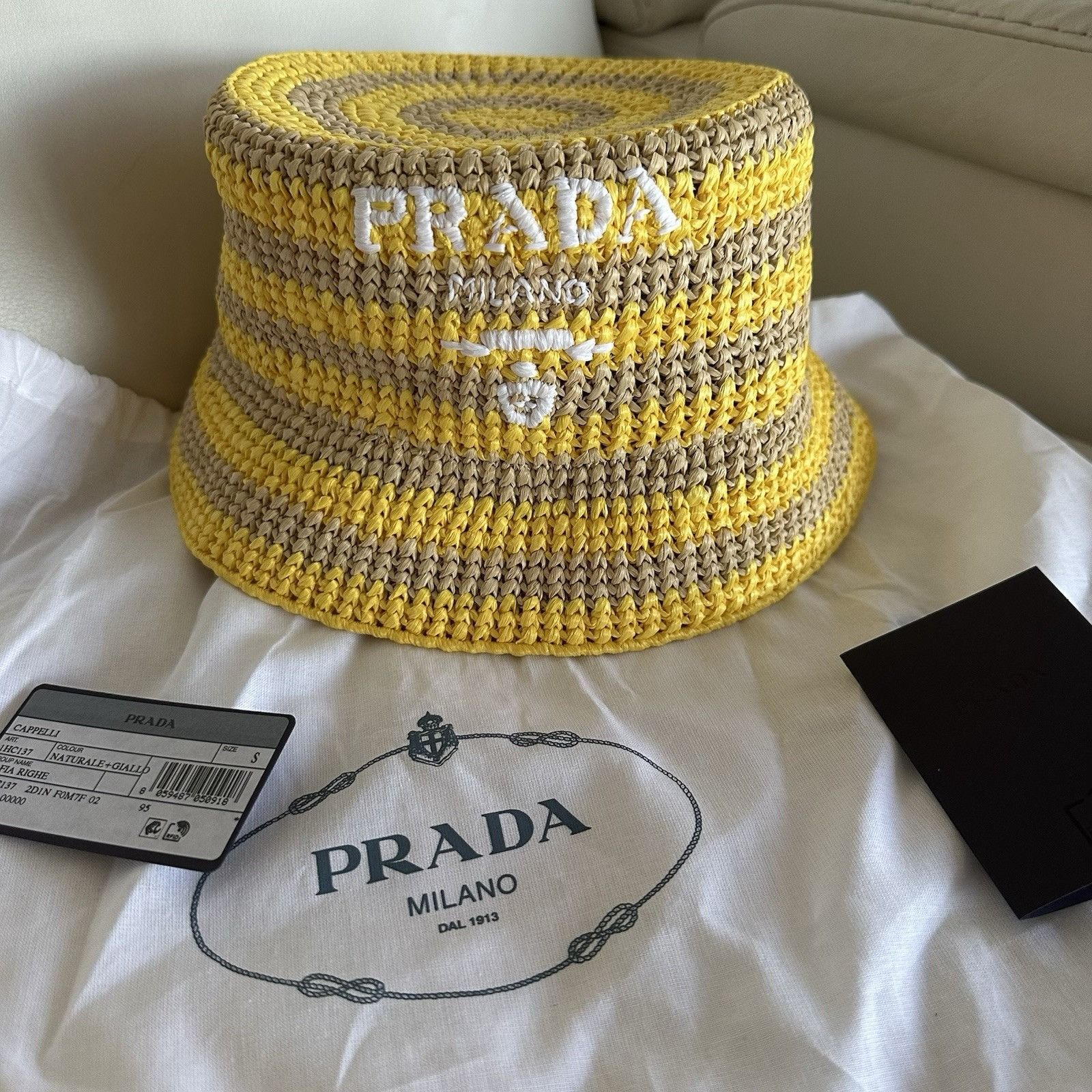 Prada NEW PRADA Raffia Striped Logo Embroidered Womens Bucket Hat Size ONE SIZE - 3 Thumbnail