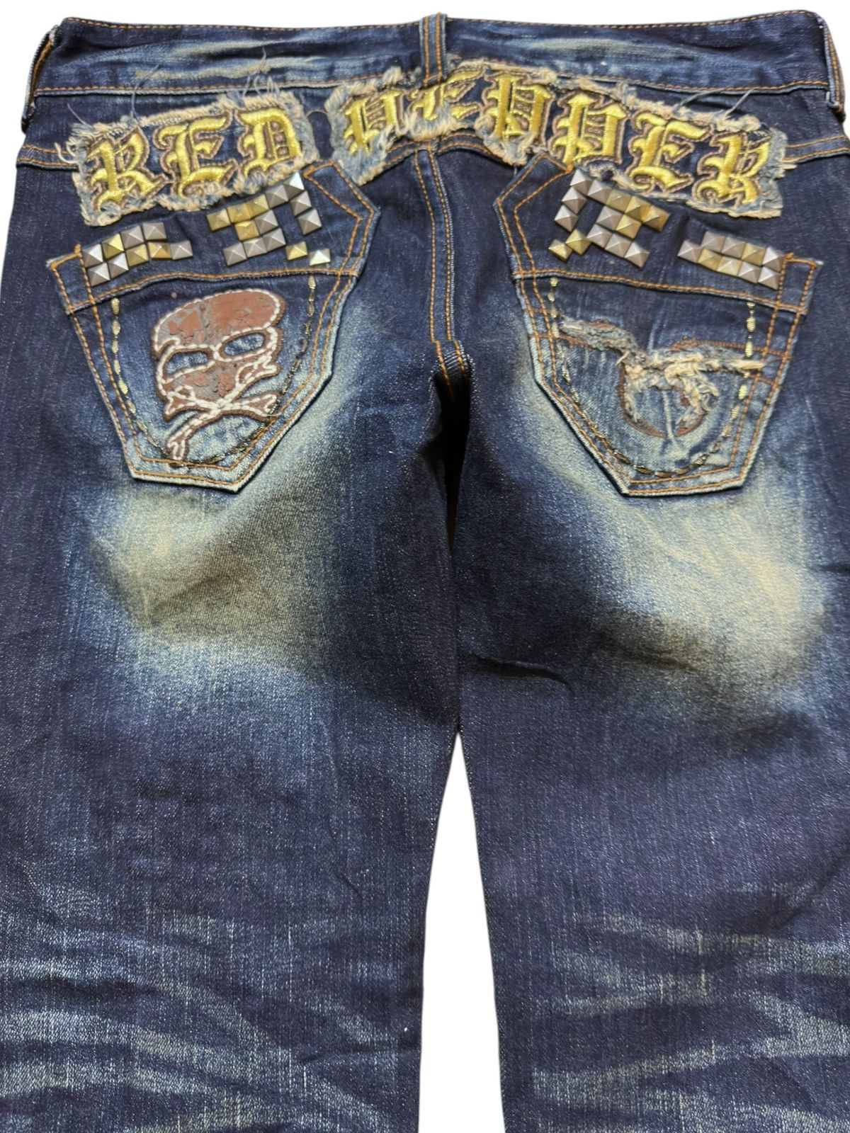 Ed Hardy Vintage Red Pepper Flare Embroidery Skull Studded Denim Size US 31 - 5 Thumbnail