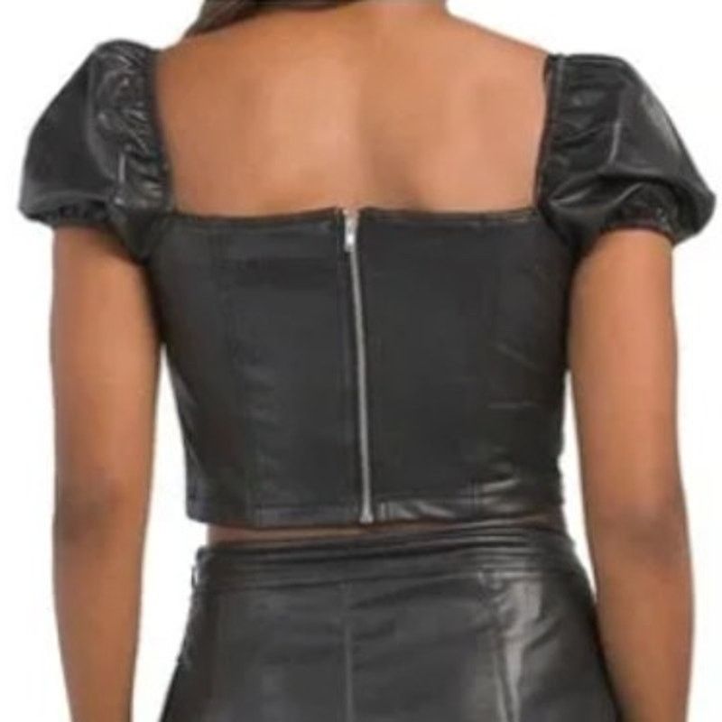 Other Faux Leather Puffy Sleeve Zipper Back Square Neck Crop Top Size L / US 10 / IT 46 - 5 Thumbnail