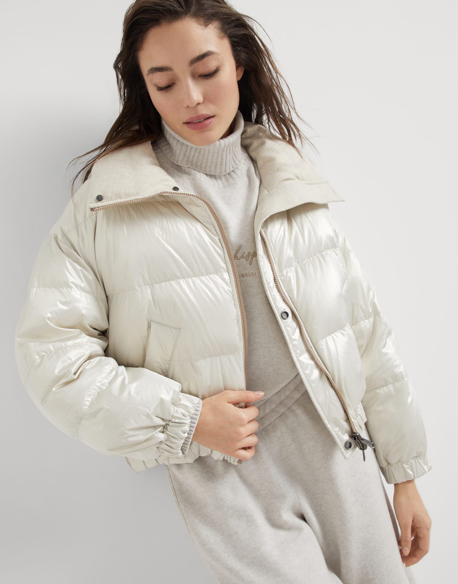 Brunello Cucinelli o1la1rc1a0326 Sparkling Canvas Down Jacket in Pearl Grey Size S / US 4 / IT 40 - 4 Thumbnail