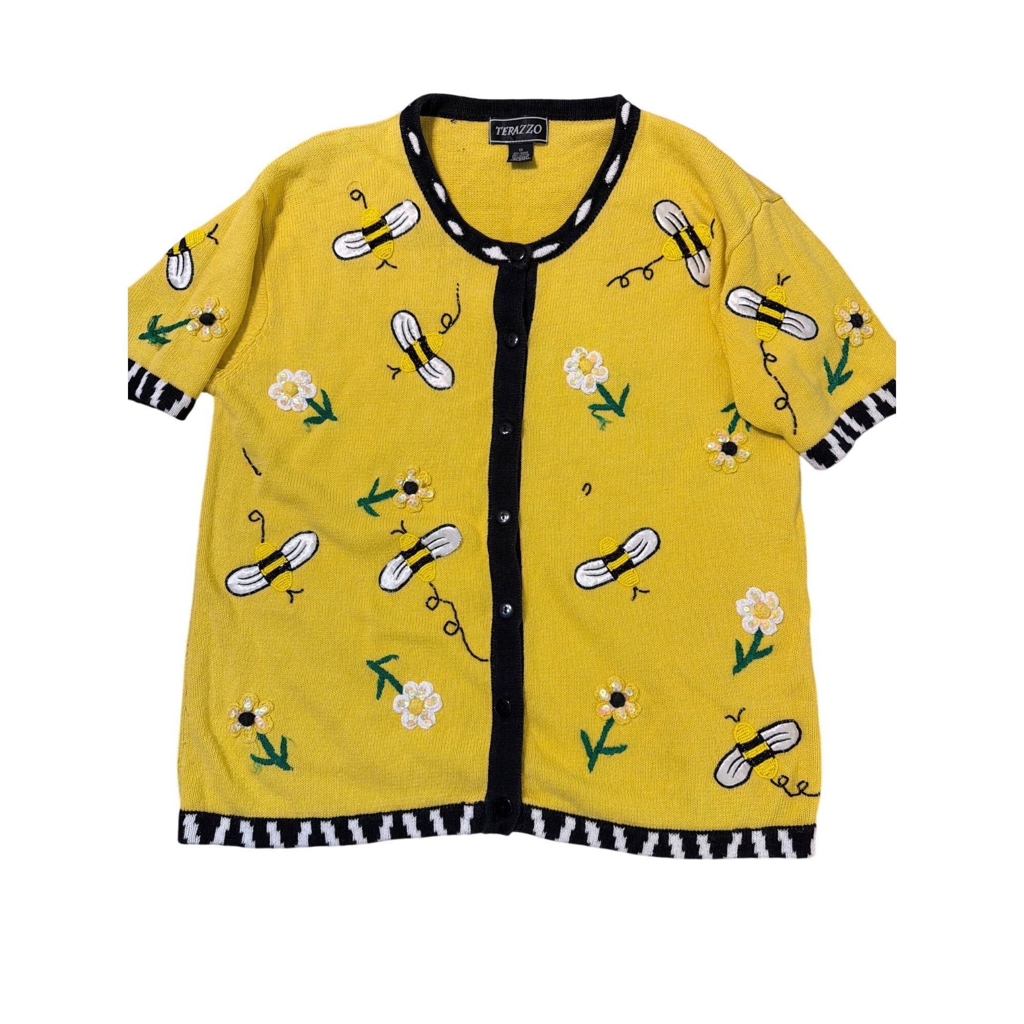 Other Vintage Terazzo Bee Yellow Black Cardigan Embroidered Beaded Size XL / US 12-14 / IT 48-50 - 1 Thumbnail