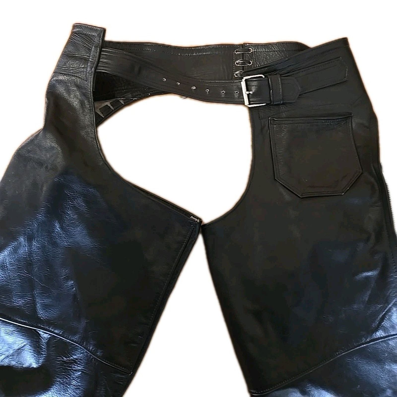 Vintage Black Leather Chaps Medium Waist size 32-38- Zipper Snaps Size US 33 - 2 Thumbnail