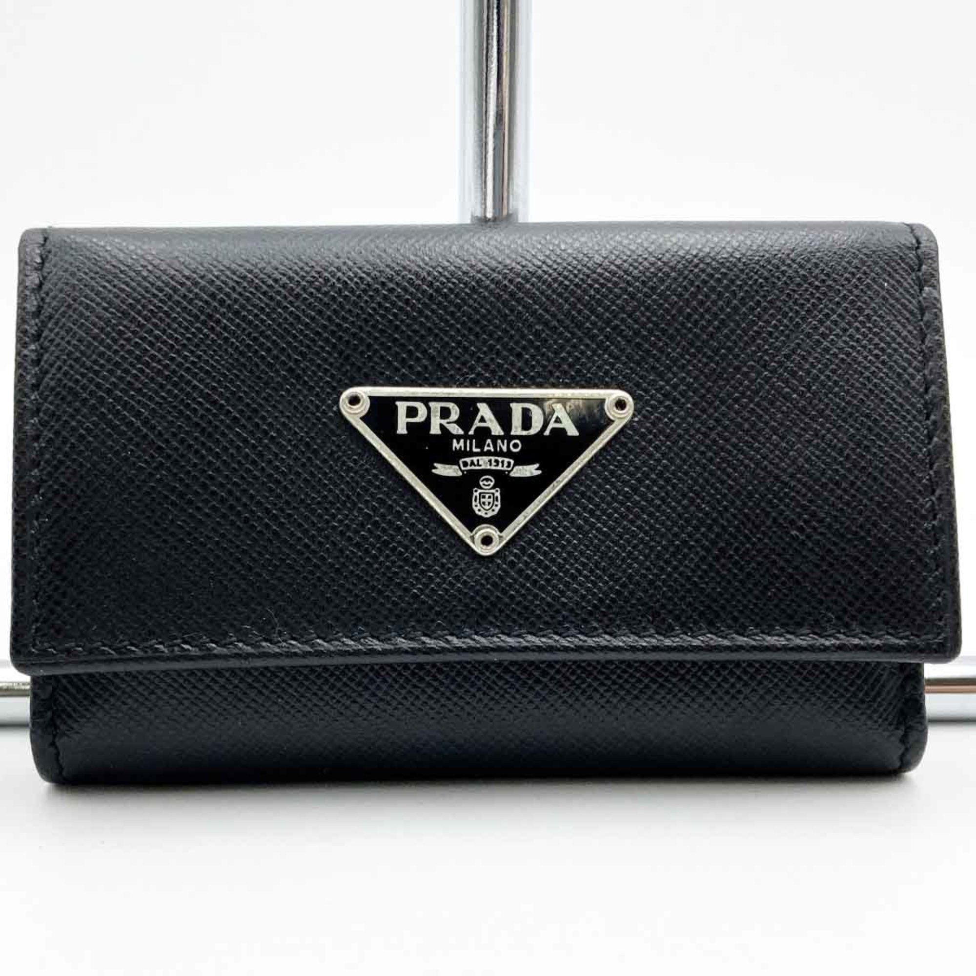 image of Prada Key Case Keychain 6 Row Triangle Black Leather Women's Men's Fashion Accessories Ita69Bhl297K