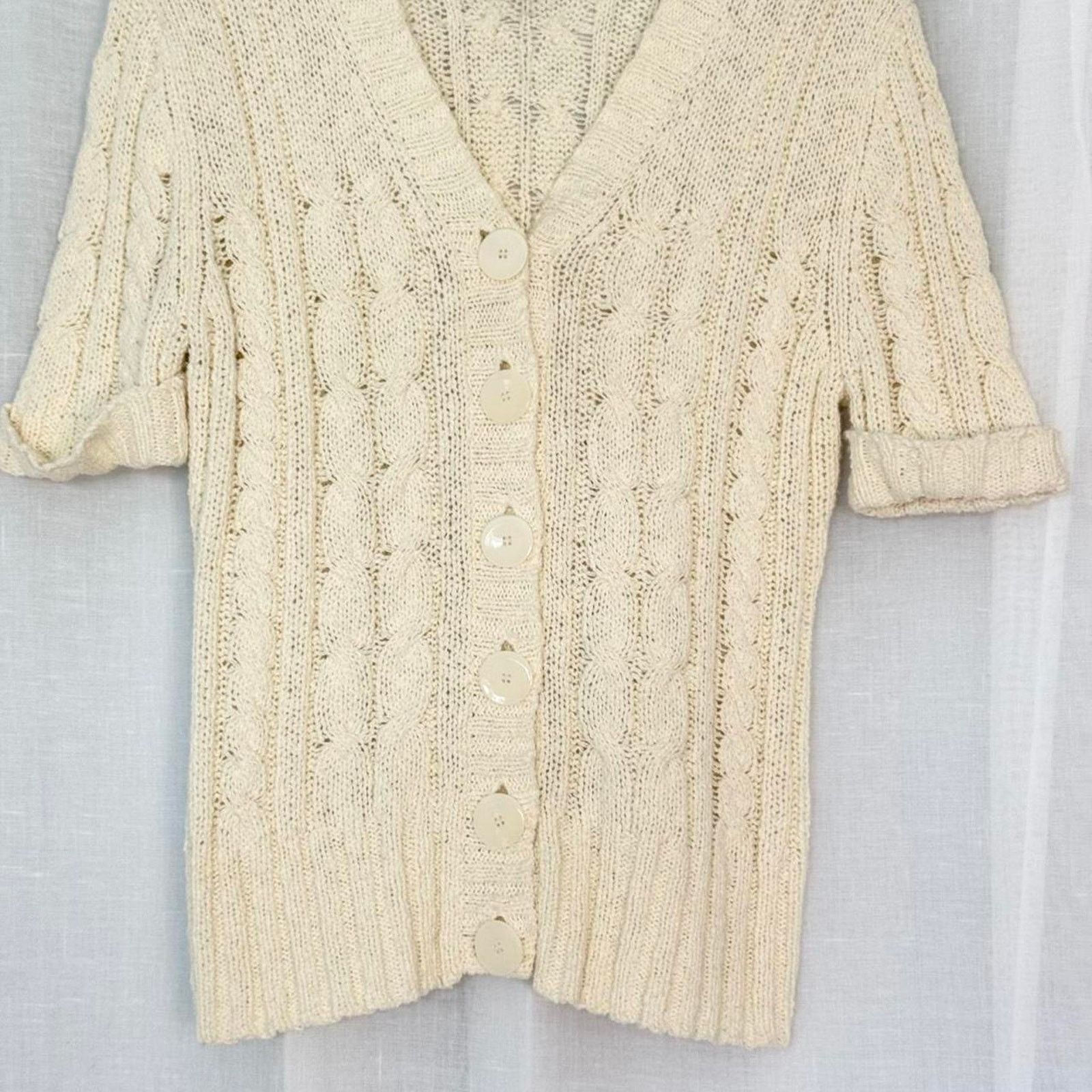 Vintage ✿ y2k cable knit short sleeve cardigan saint tropez west ✿ Size M / US 6-8 / IT 42-44 - 4 Thumbnail