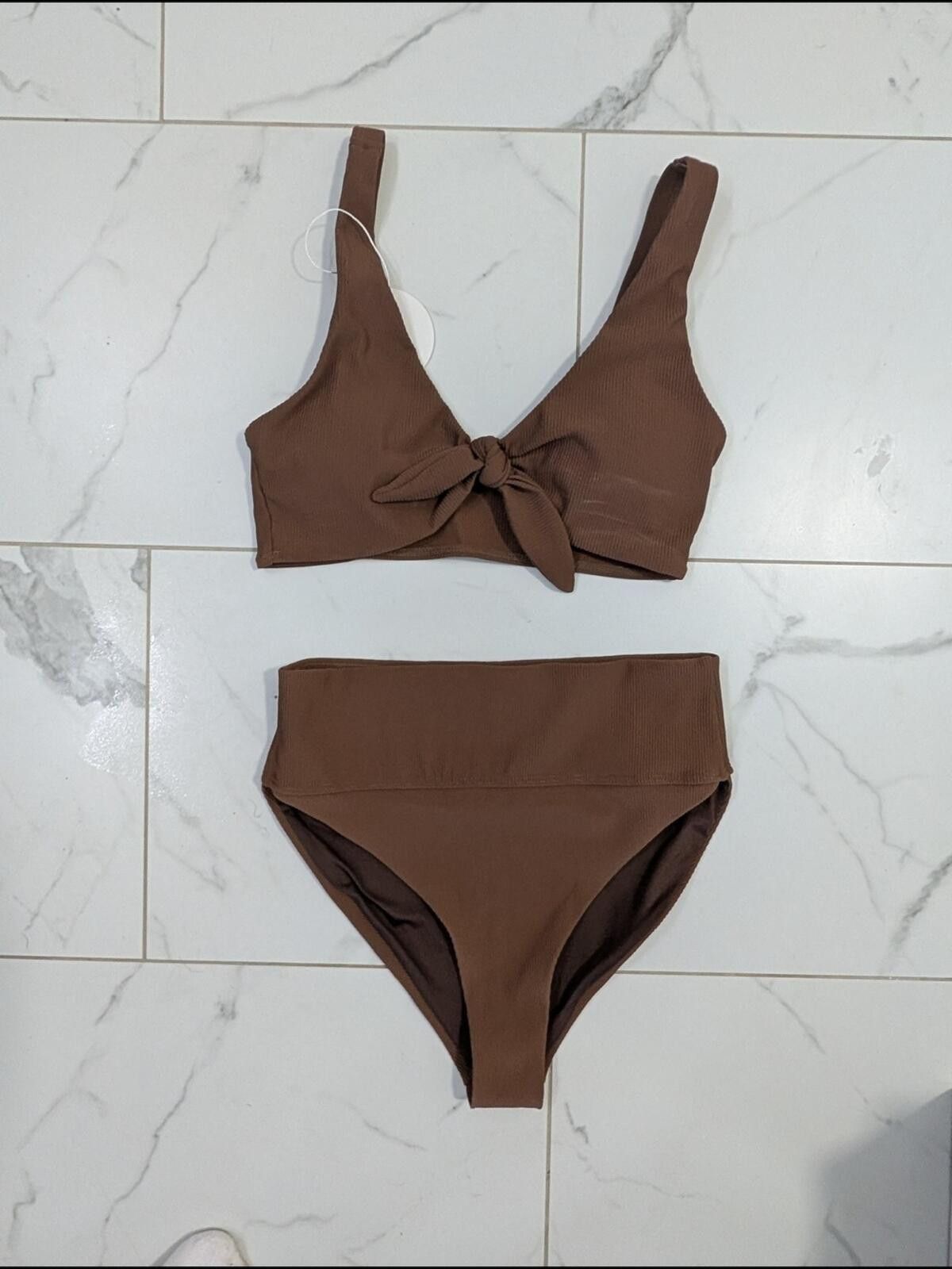 Other Knot-Front Ribbed High-Waist Bikini Set - Brown Size ONE SIZE - 2 Thumbnail