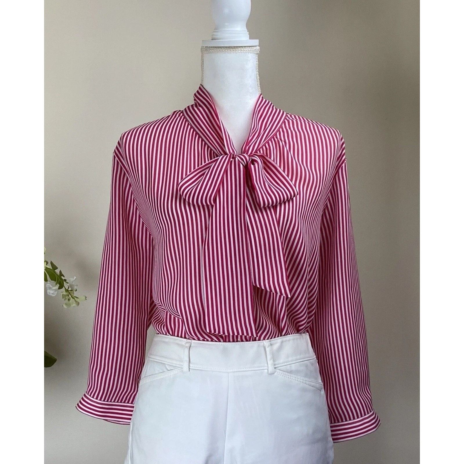 Rochelle Behrens THE SHIRT Blouse Tie Red White Stripe Silky