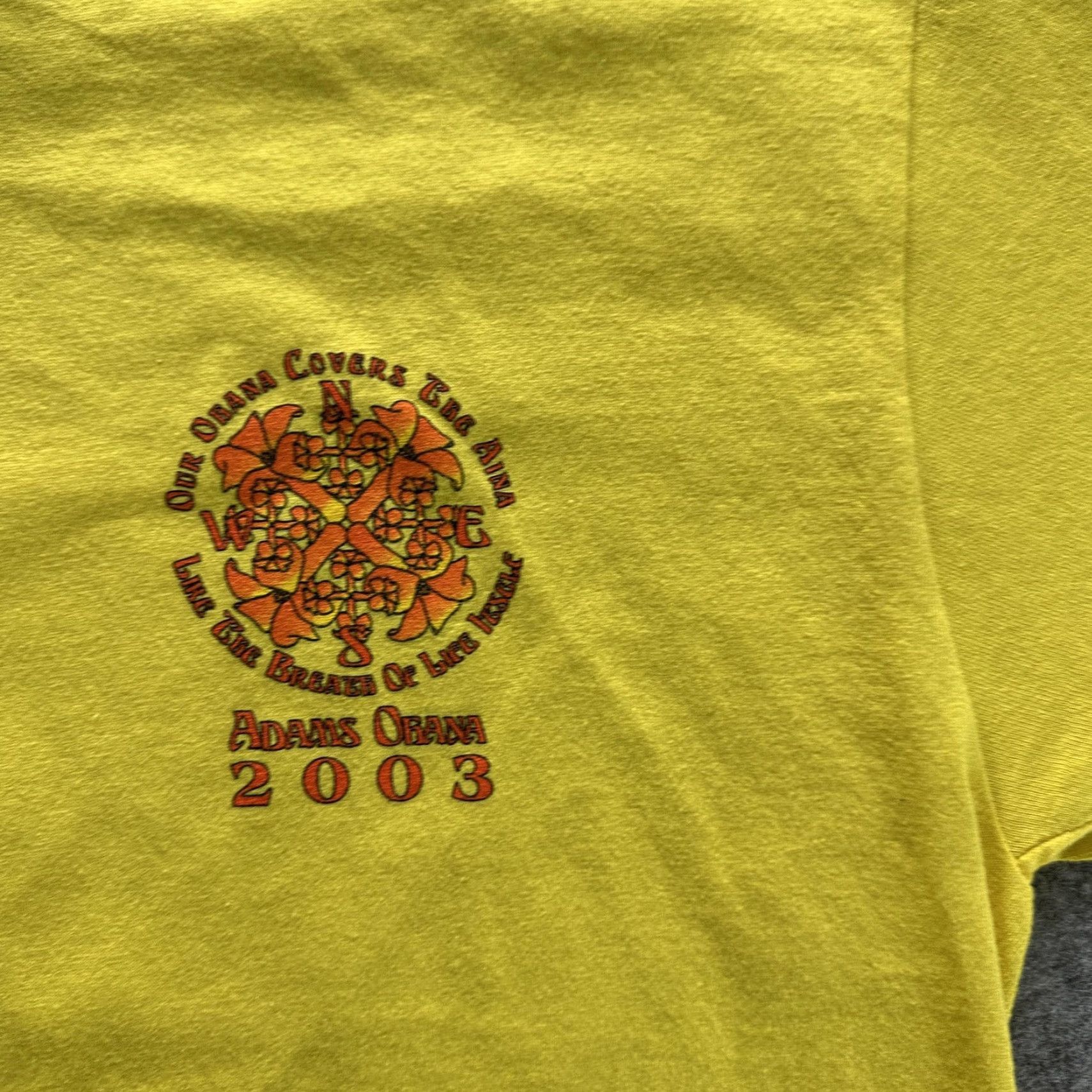 Fruit Of The Loom VINTAGE Adams Ohana Shirt Mens M Yellow Graphic Print 2003 Hawaiian Tee 2000s Crew Neck T-Shirt Size US M / EU 48-50 / 2 - 6 Thumbnail