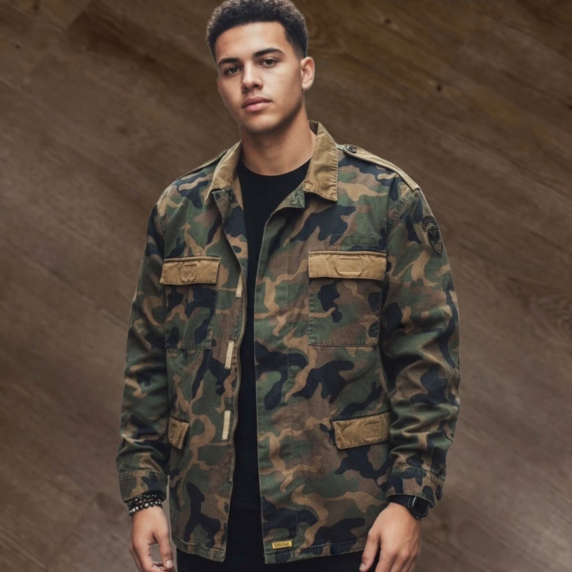 Guess GUESS Military Jacket Men XL Olive Green Camouflage Cotton Full Zip Flap Pockets Size US L / EU 52-54 / 3 - 1 Thumbnail