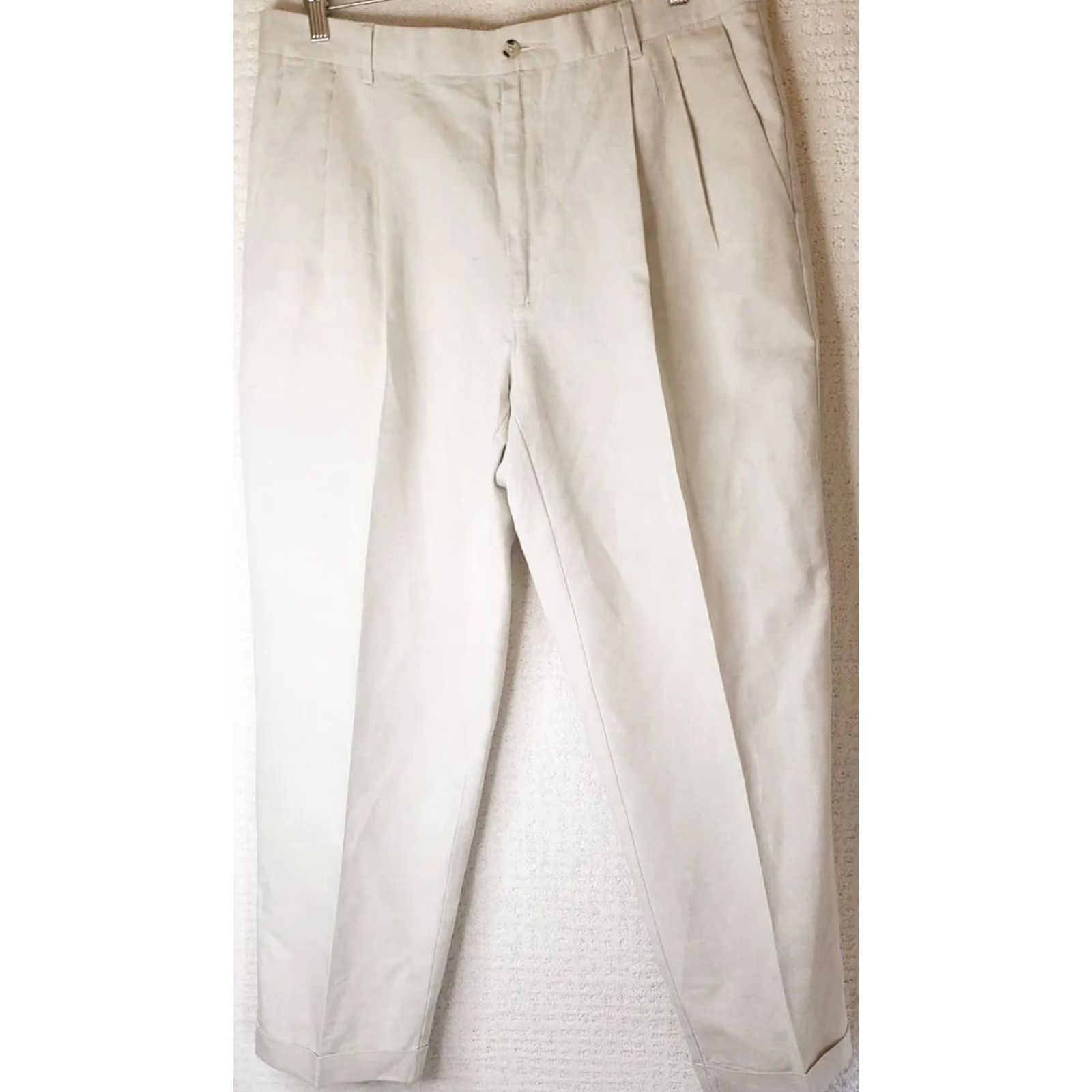 Club Room Club Room Linen Blend Pants 38W x 30L Beige Men Straight Leg Pleated Front Cuffed Regular Fit Business Casual Trousers Size US 38 / EU 54 - 2 Thumbnail