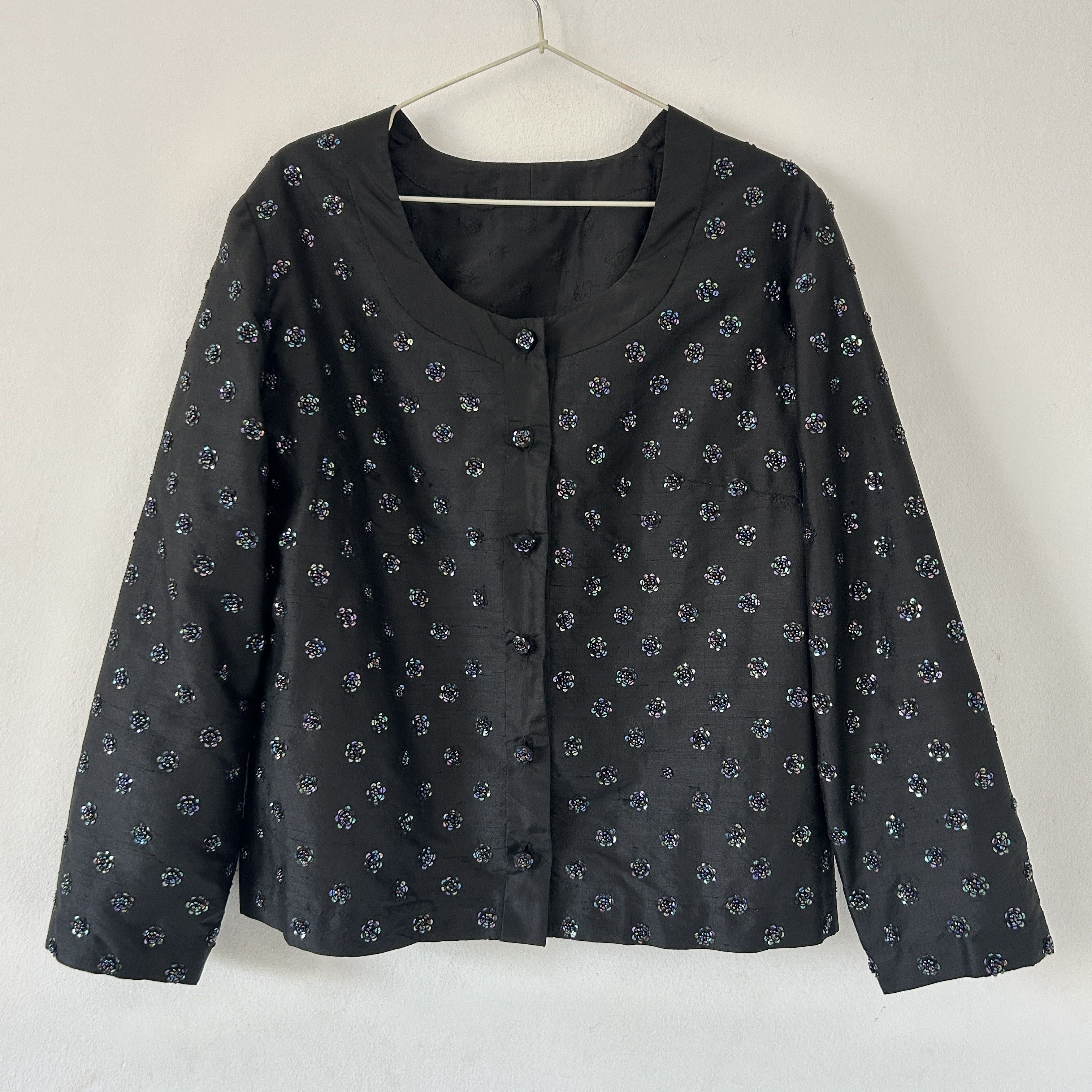 Vintage Vintage 80s party embellished floral silk black blazer Size L / US 10 / IT 46 - 7 Thumbnail