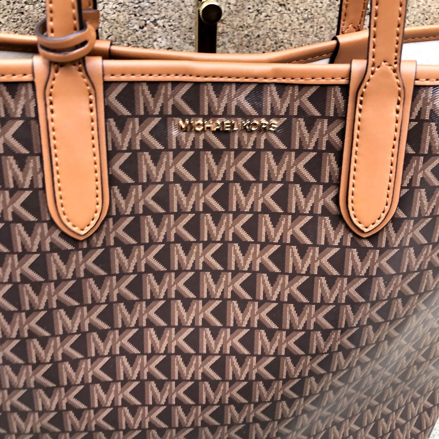 Michael Kors MICHAEL KORS Eliza Monogram Tote Bag Purse Brown East West Designer Shoulder Bag Women Large 13" W x 12" H x 5" D Canvas Leather Handle 13" (13 W) Size ONE SIZE - 4 Thumbnail
