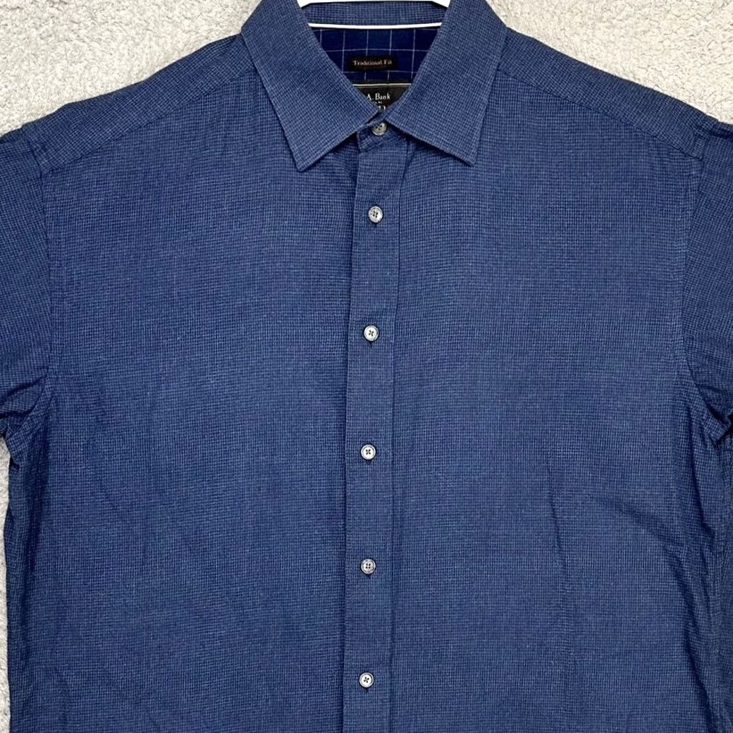Jos. A. Bank Jos. A. Bank Button Up Shirt Men Medium Reserve Navy Houndstooth Traditional Fit Shirt Long Sleeve Cotton Silk Cashmere Breathable Size US M / EU 48-50 / 2 - 2 Thumbnail