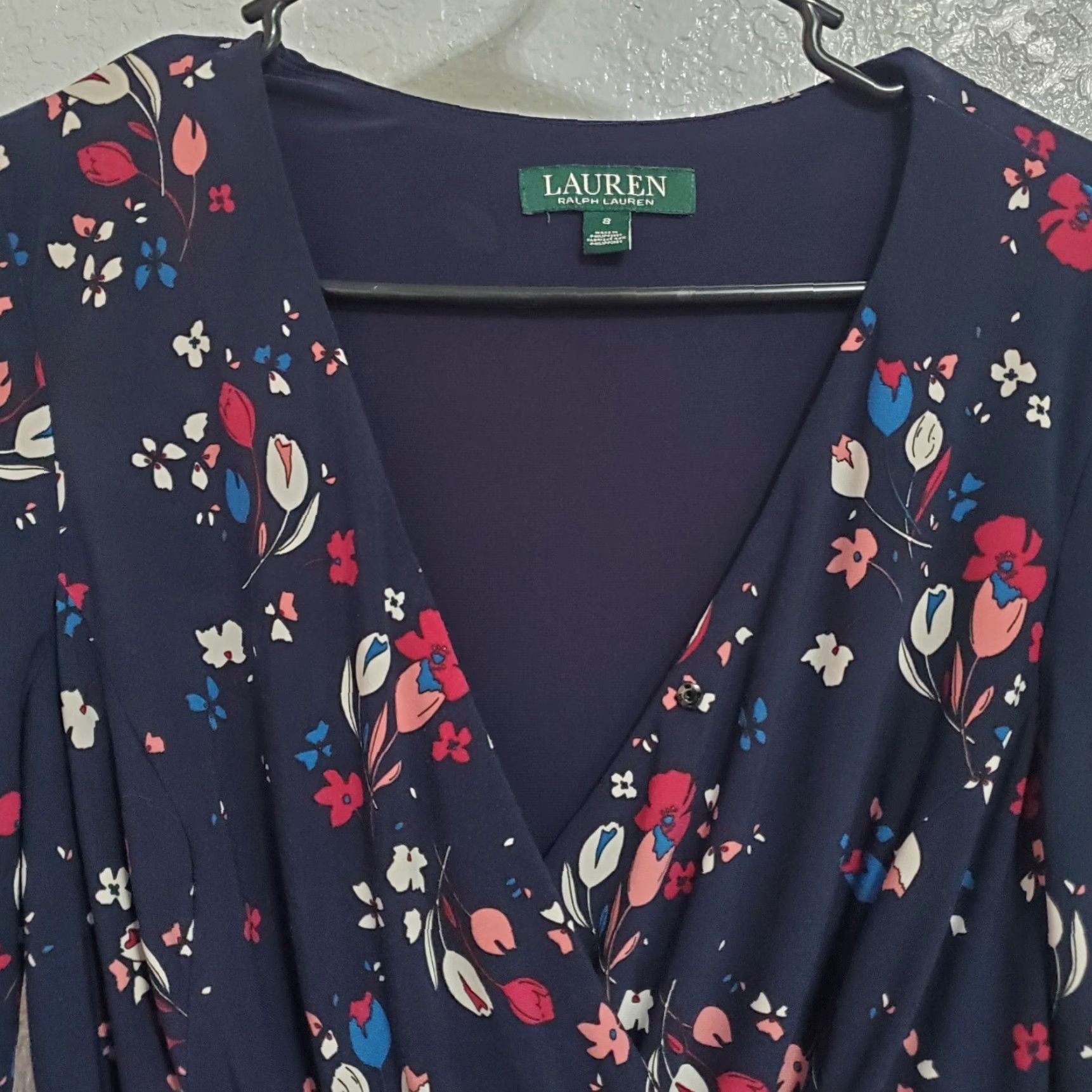 Ralph Lauren Lauren Ralph Lauren Dress Women 8 Navy Blue Floral Midi Faux Wrap 3/4 Sleeve Tie Size M / US 6-8 / IT 42-44 - 4 Thumbnail