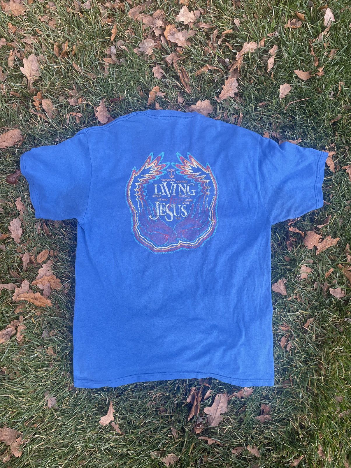 Other × Vintage Blue Living for Jesus Christ big logo graphic tee shirt. Size US L / EU 52-54 / 3 - 2 Thumbnail