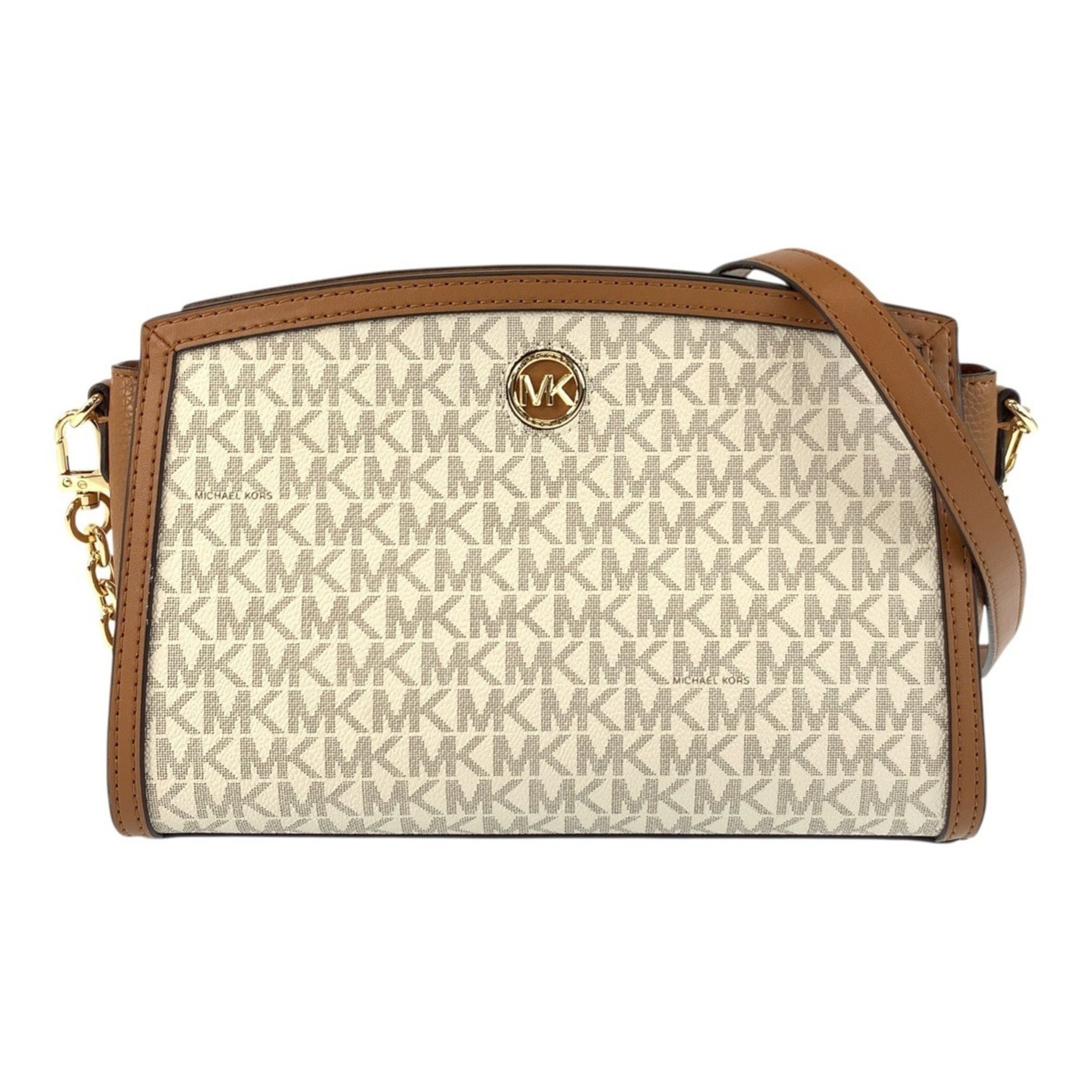 Michael Kors MK Signature White Brown Gold Hardware Leather 00278