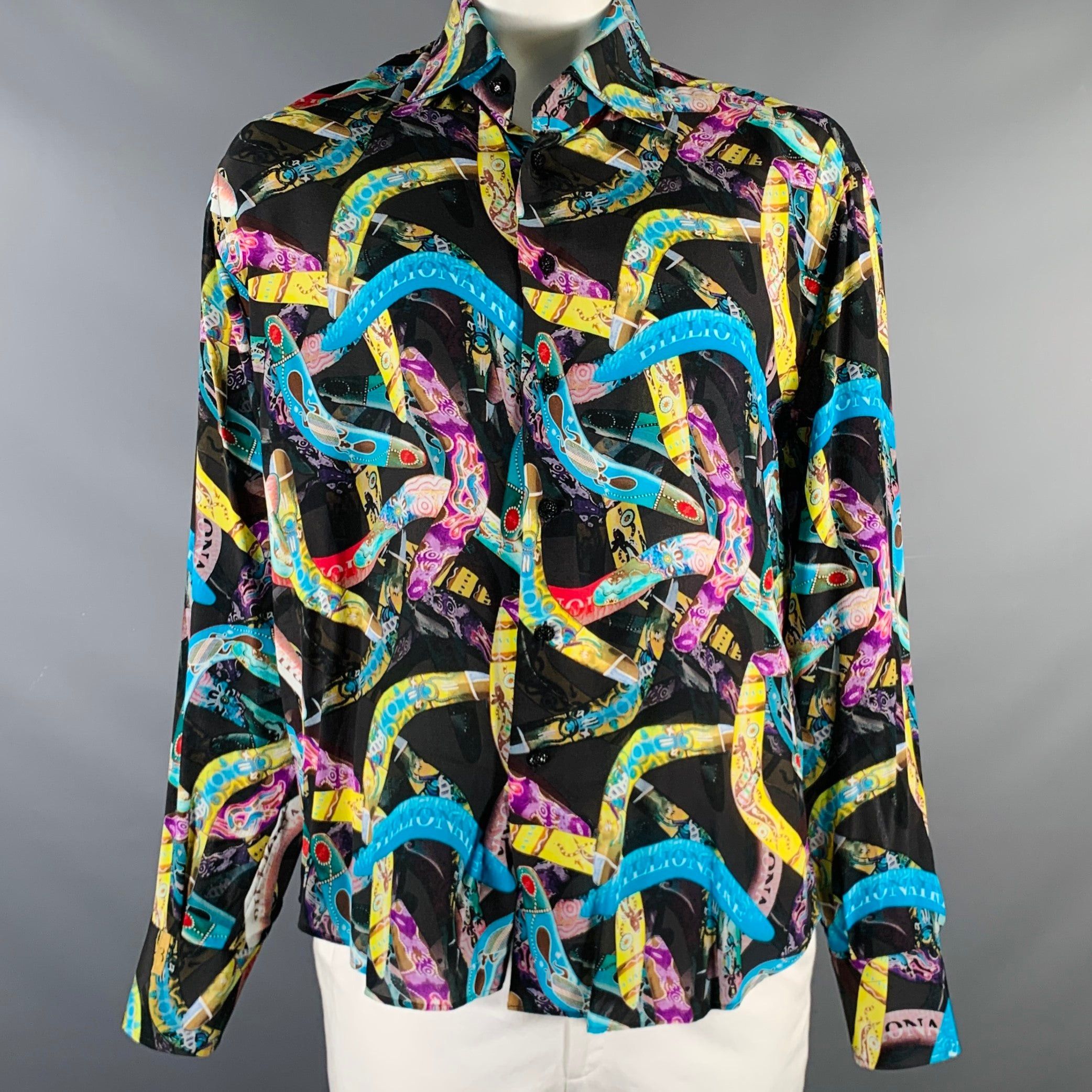 Image of Billionaire Couture Black Multi Color Print Silk Long Sleeve Shirt, Men's (Size XL)