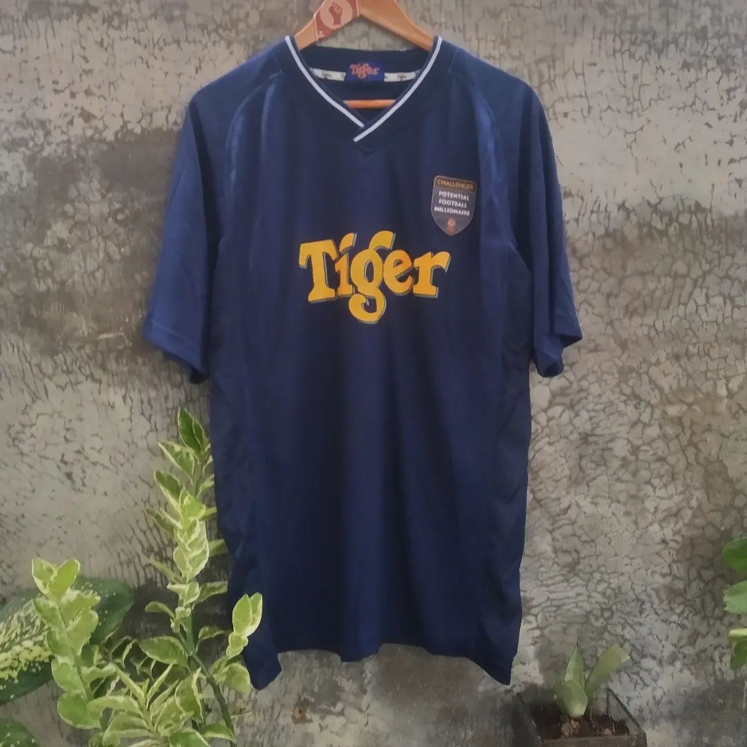 image of Soccer Jersey Vintage Tiger Beer Challenger Potential Football Millionaire in Blue Navy (Size Large