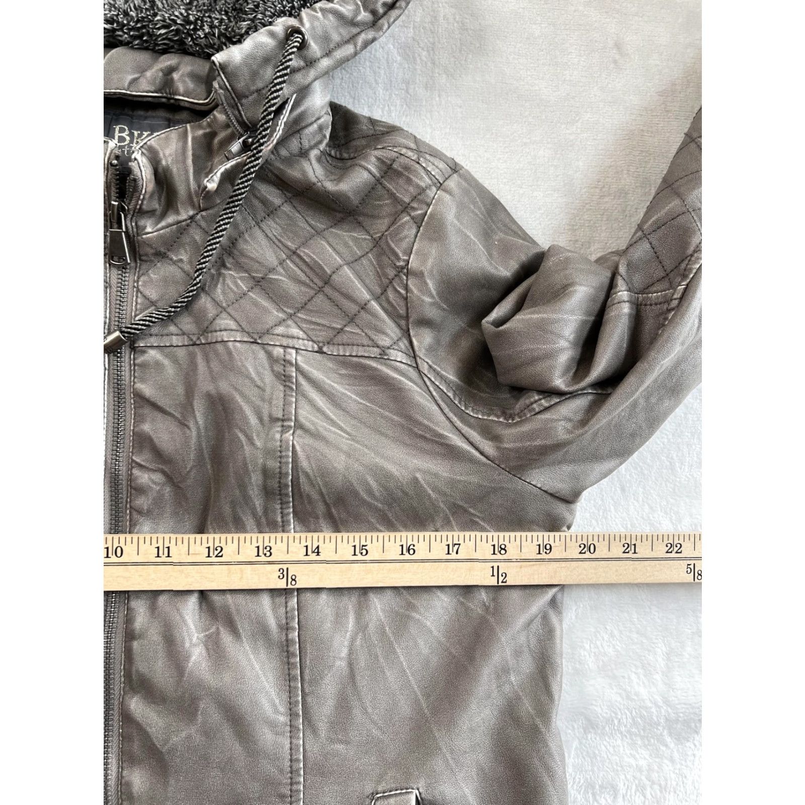 BKE BKE Jacket Women’s Medium Gray Faux Leather Hooded Quilted Moto Size M / US 6-8 / IT 42-44 - 6 Thumbnail