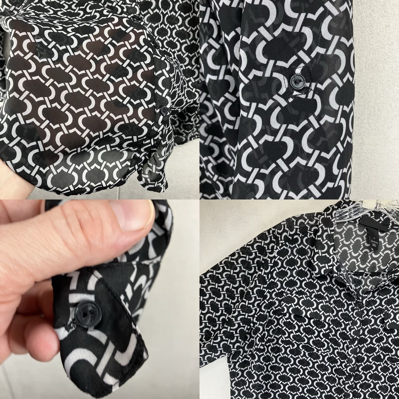 Vintage Lane Bryant Women’s Blouse Shirt 14 Black White Chain Designer Print Sheer Gothic Casual Long Sleeve Button Up Collared Breathable Polyester Modern Size XL / US 12-14 / IT 48-50 - 8 Thumbnail