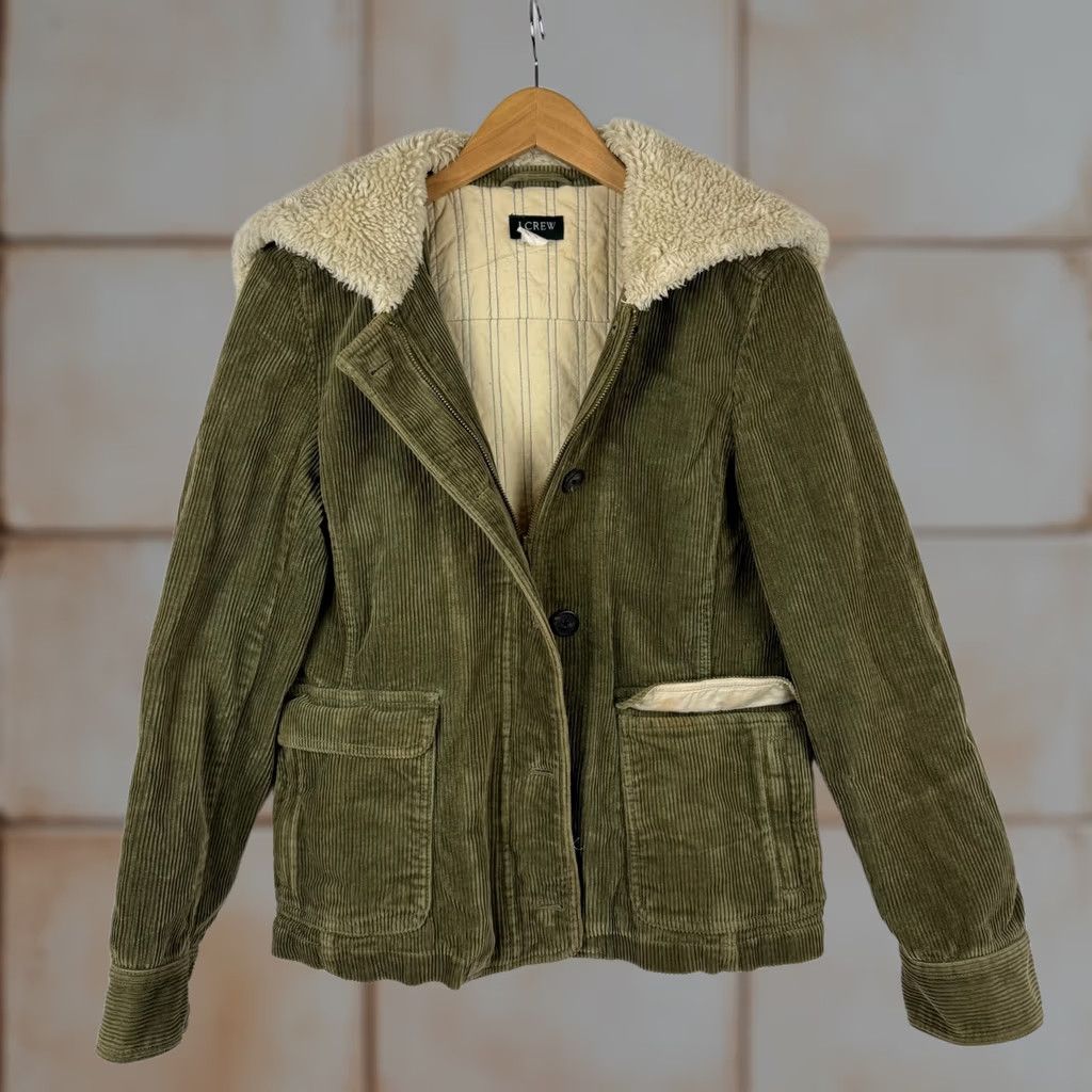 J.Crew VTG J.CREW Women's M Corduroy Jacket Hood/Collar Sherpa Lined Green Utility Coat Size M / US 6-8 / IT 42-44 - 1 Thumbnail