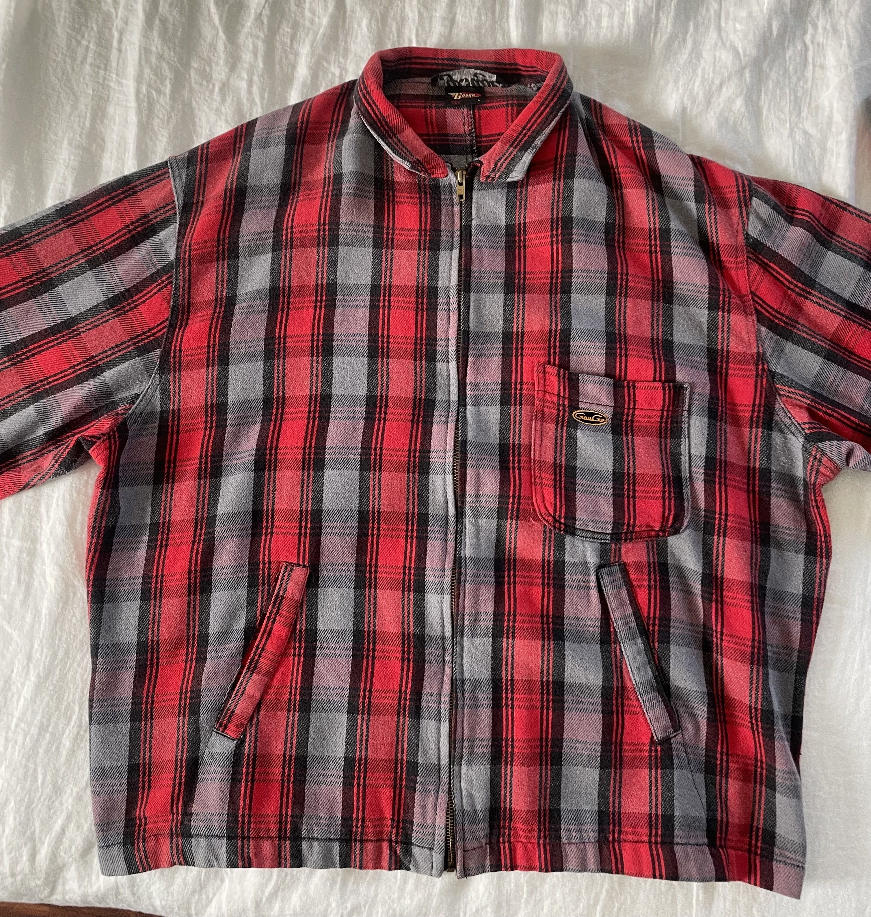image of Made In Usa Gouge 90's Streetwear Boxy Zip Flannel in Red Gray Black, Men's (Size Large)