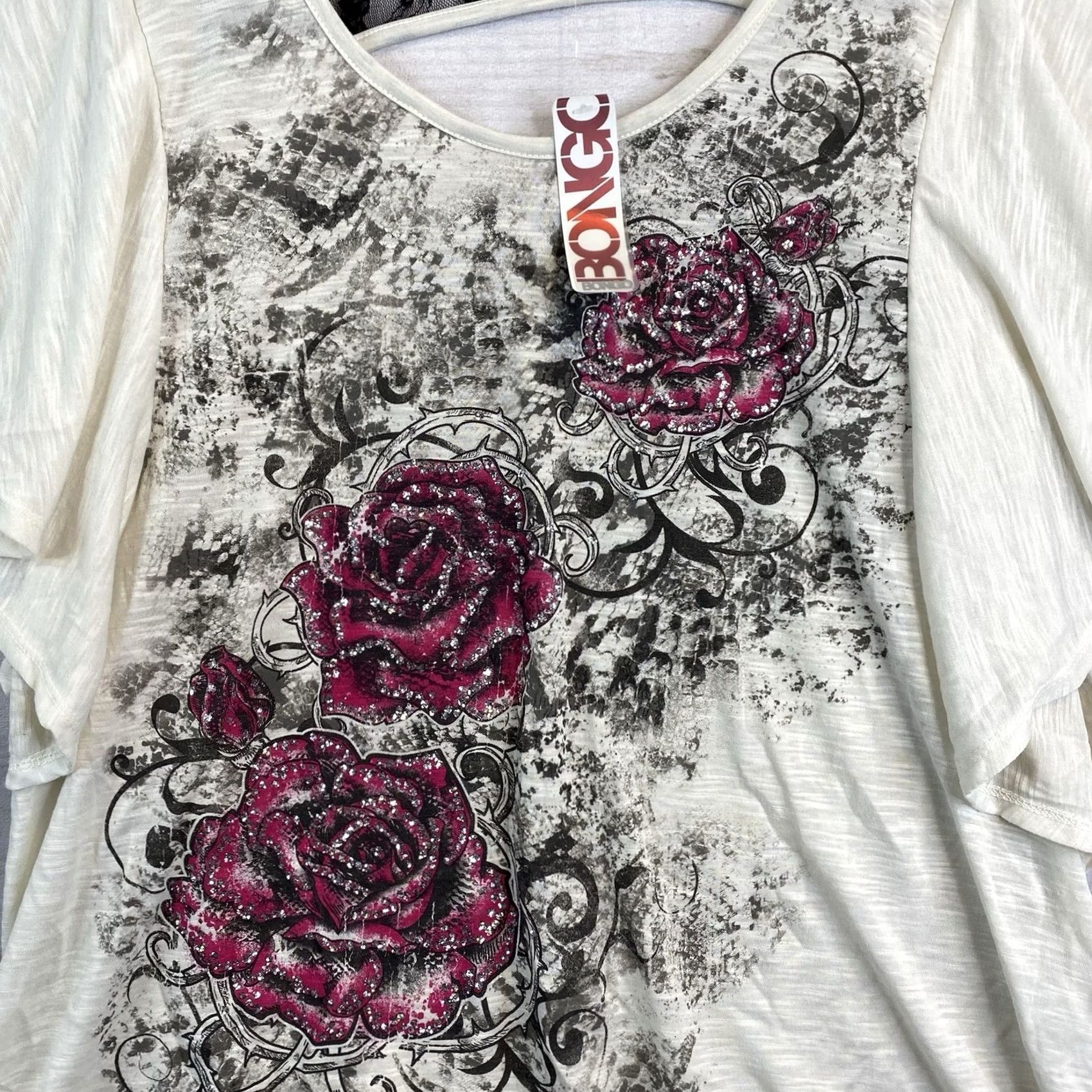 Vintage Bongo Blouse Shirt Womens 2X Floral Studded Bell Sleeve Open Back Lace Detail Sheer NWT Size XXL / US 16-18 / IT 52-54 - 2 Thumbnail