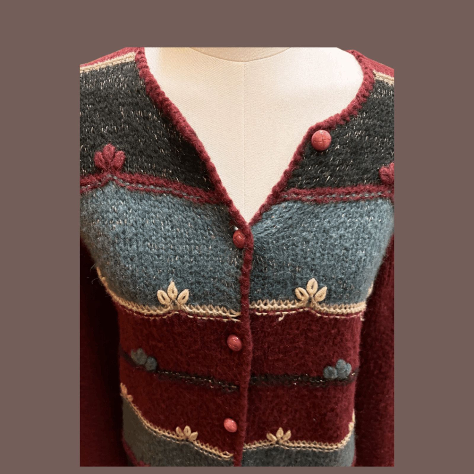 Vintage VTG Knit Cardigan | Flocks Sheep Burgundy | 50s Grannycore Size S / US 4 / IT 40 - 4 Thumbnail