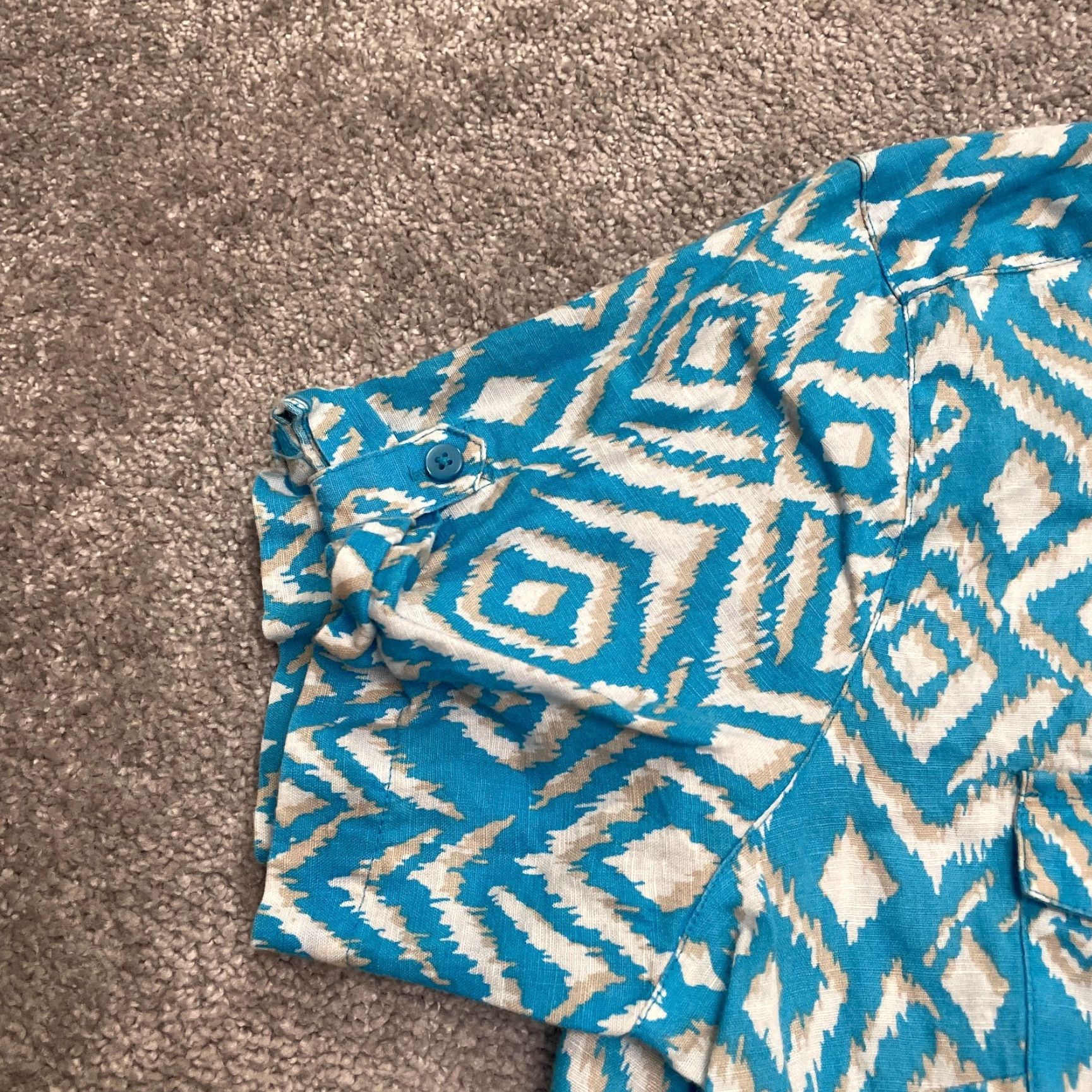 Vintage Kim Rogers Linen Button Down Shirt Womens XL Blue Geometric Aztec Short Sleeve Size XL / US 12-14 / IT 48-50 - 3 Thumbnail