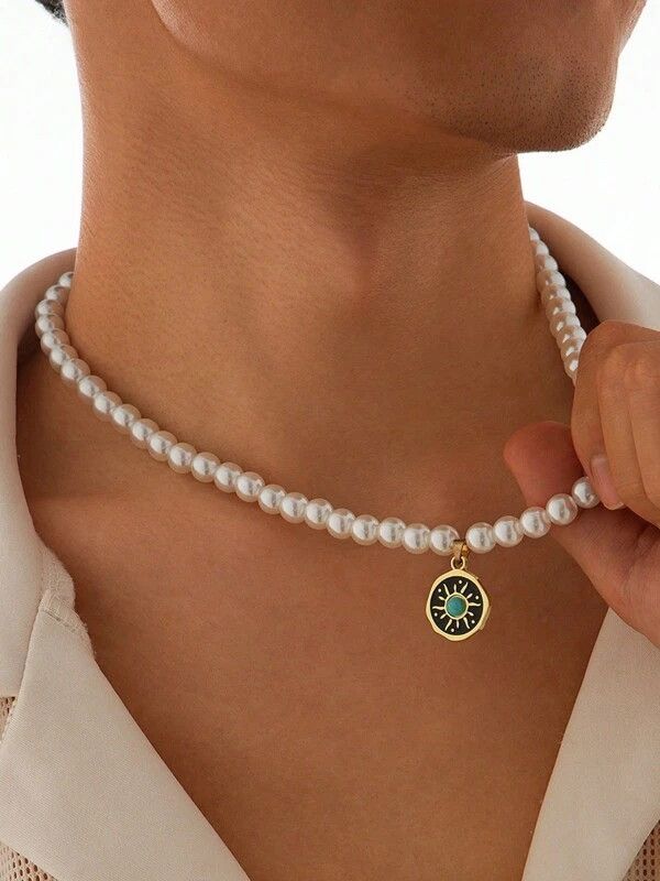 Jewelry x Vintage Pearl Y2K Necklace Chain in Silver, Men's