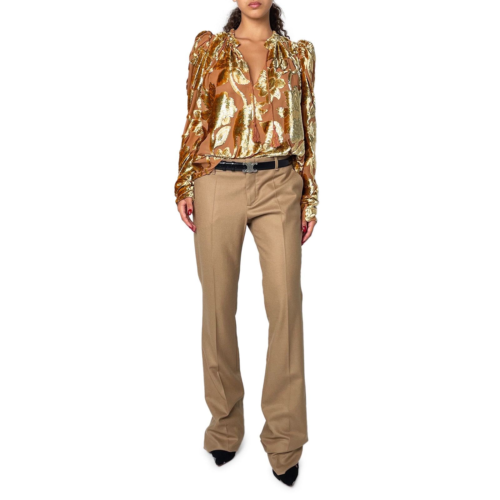 Ulla Johnson Velvet Gold & Pink Blouse with Tie Neck Size M / US 6-8 / IT 42-44 - 5 Thumbnail