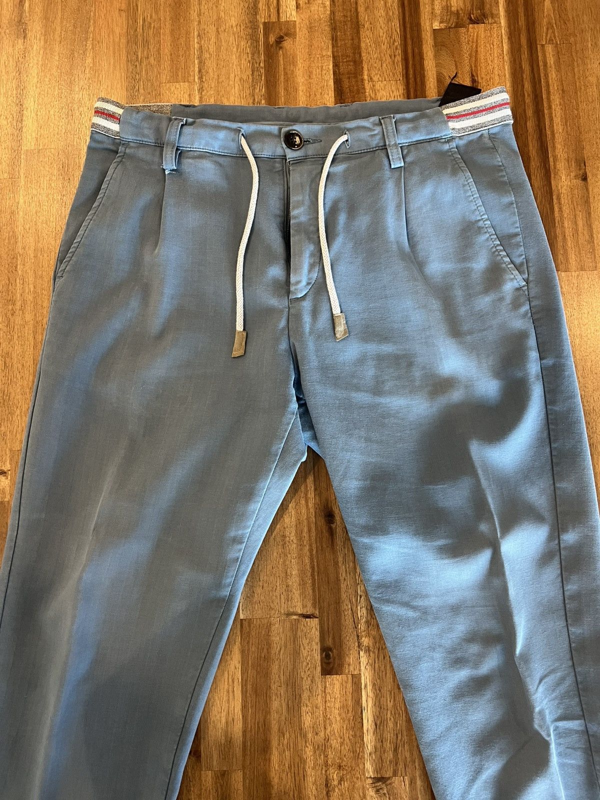 Eleventy Eleventy Blue Cotton Herringbone Drawstring Pants 33W Size US 33 - 1 Thumbnail